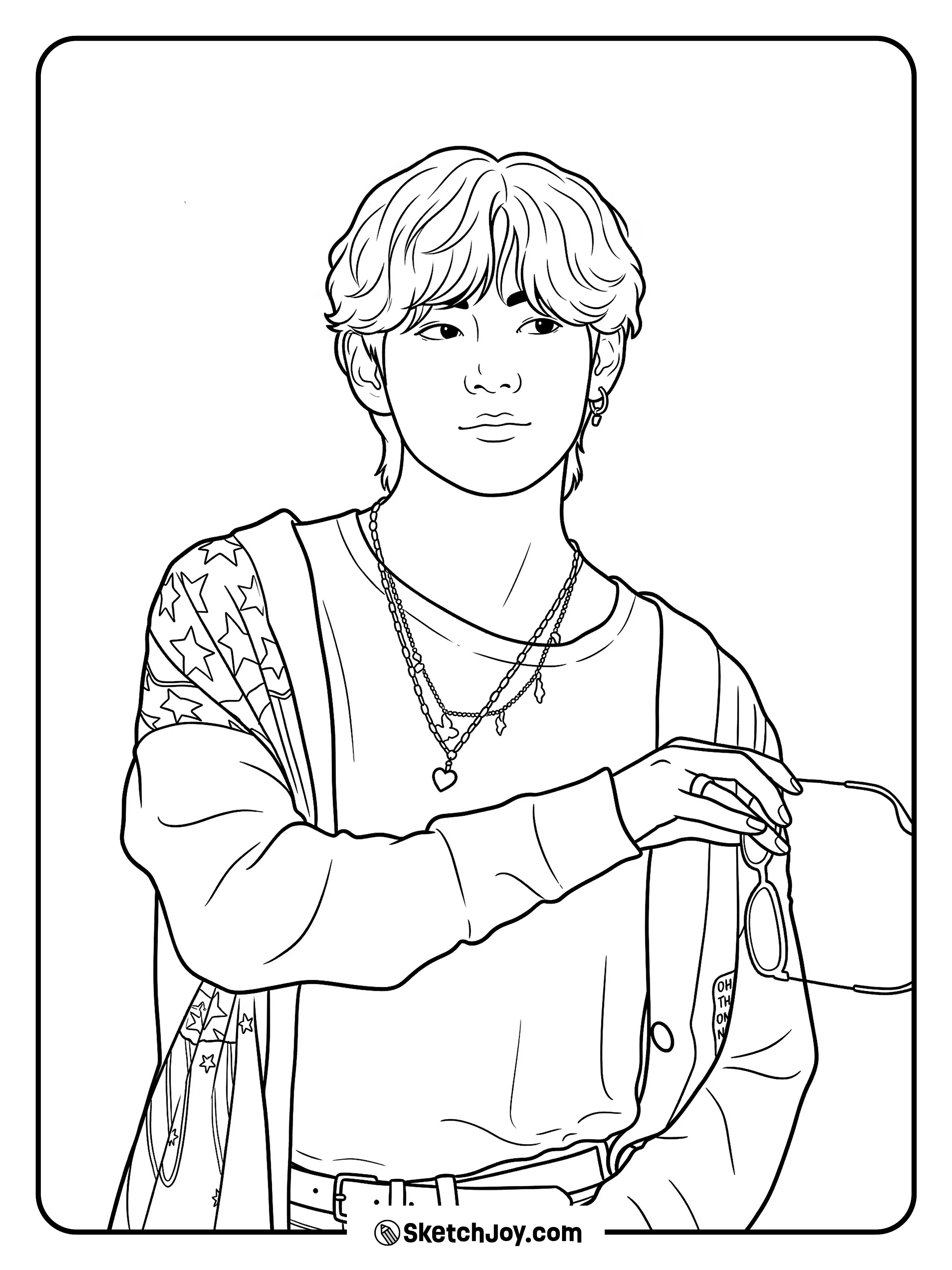 V stands in a cool casual outfit with soft style and easy charm.