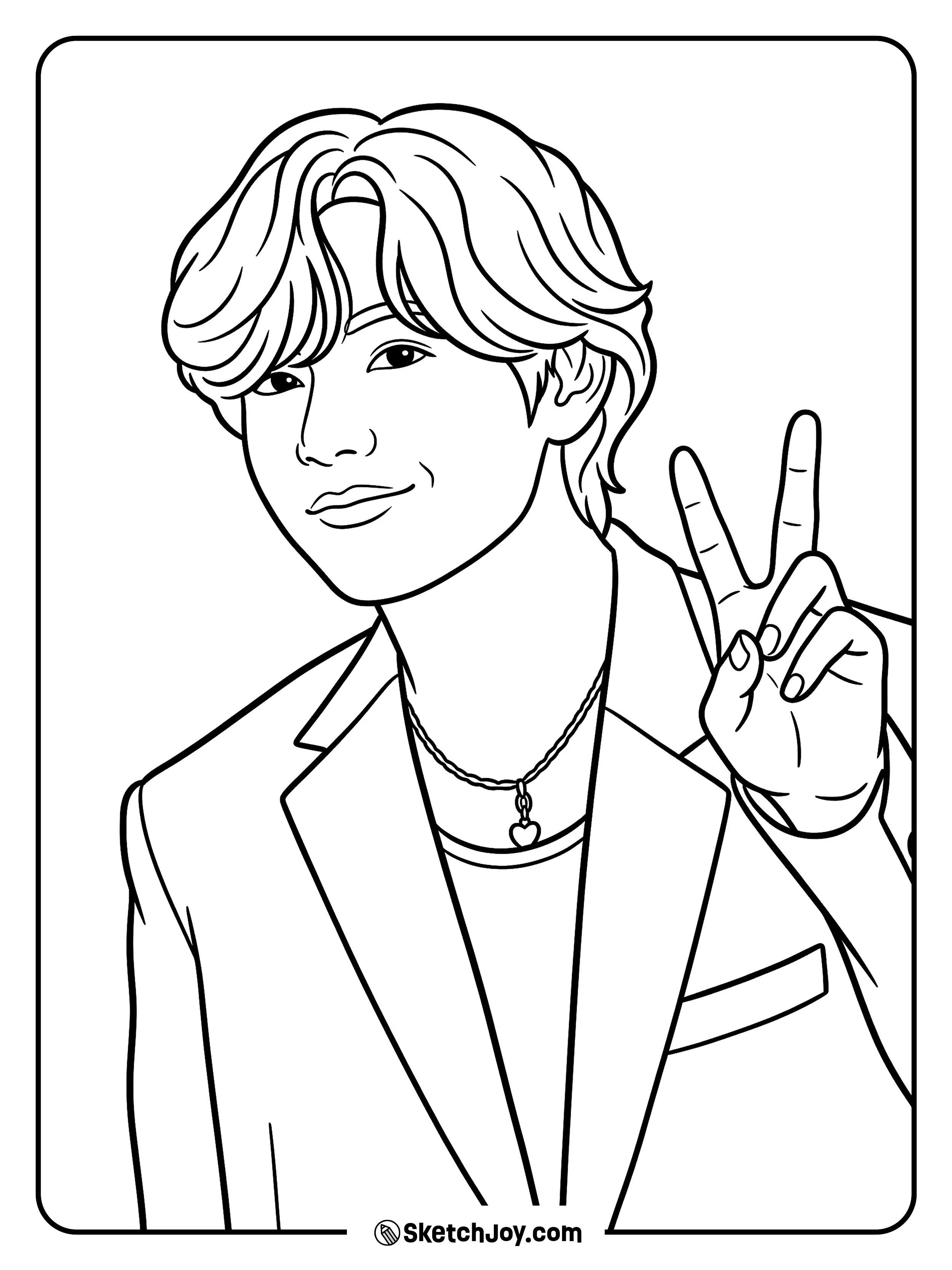 V gives a cute peace sign with a soft smile and stylish look.