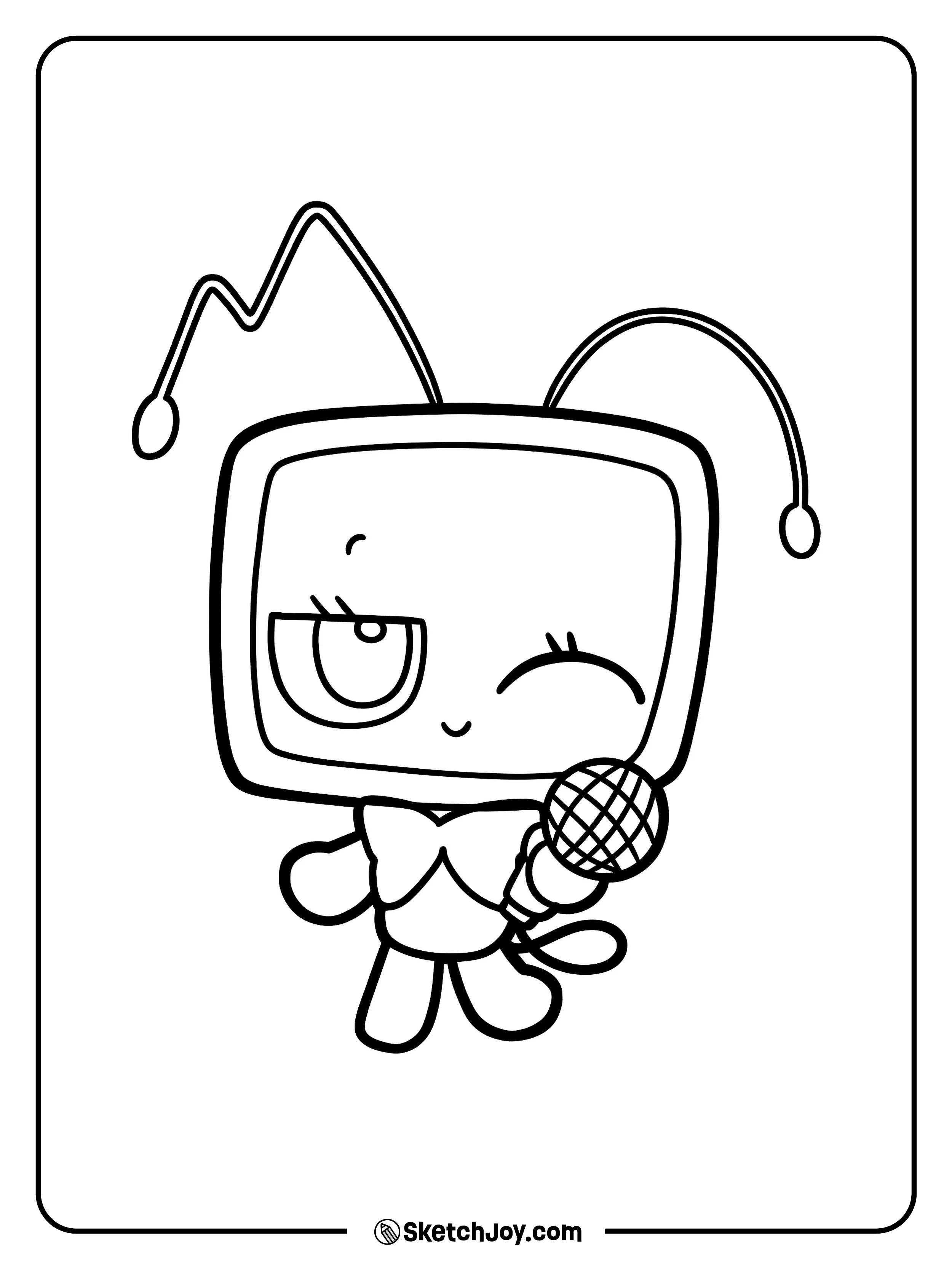 Vee winks while holding a microphone in a fun singer pose.