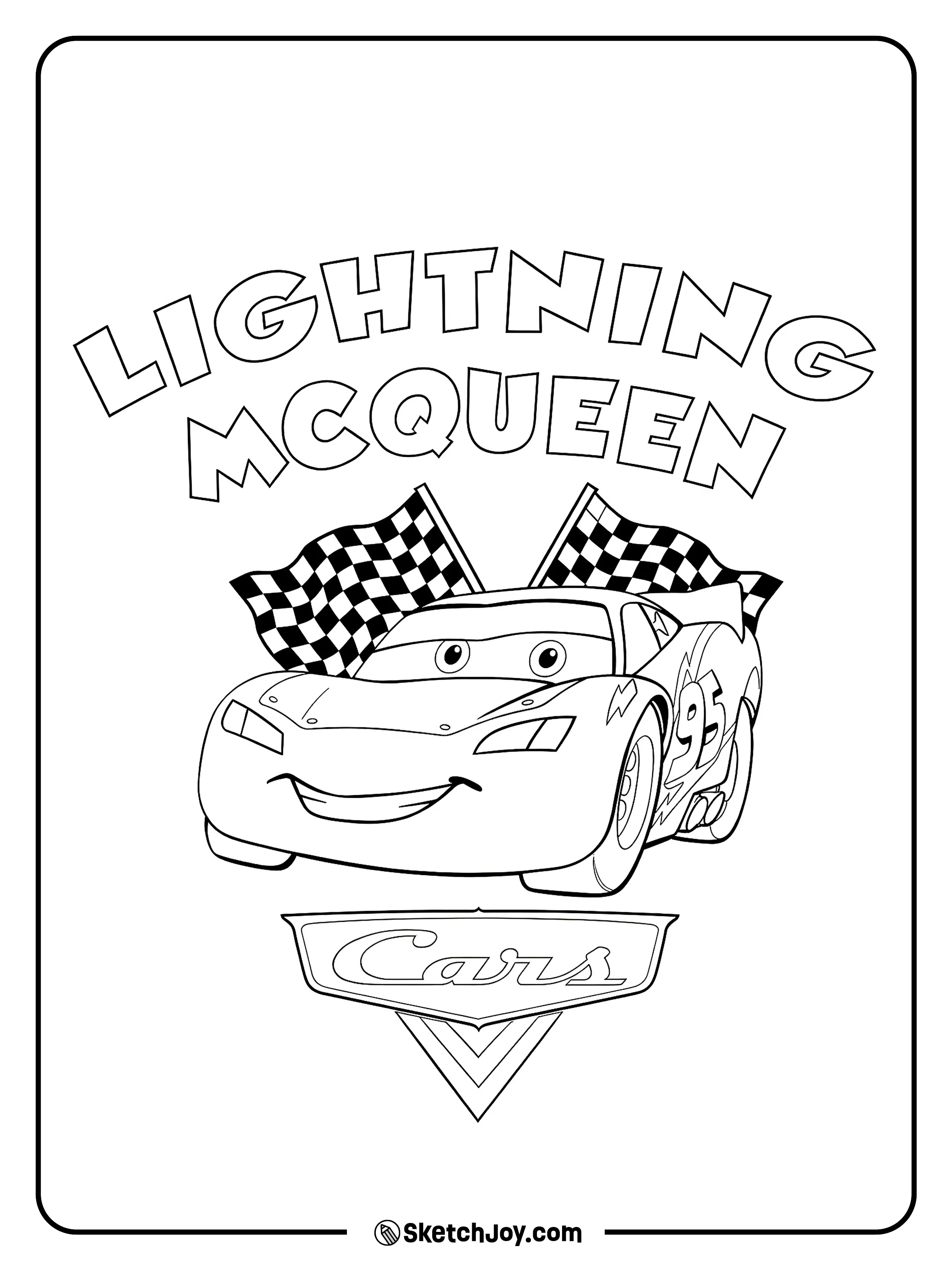 Lightning McQueen stands proudly with checkered flags and his Cars logo below.