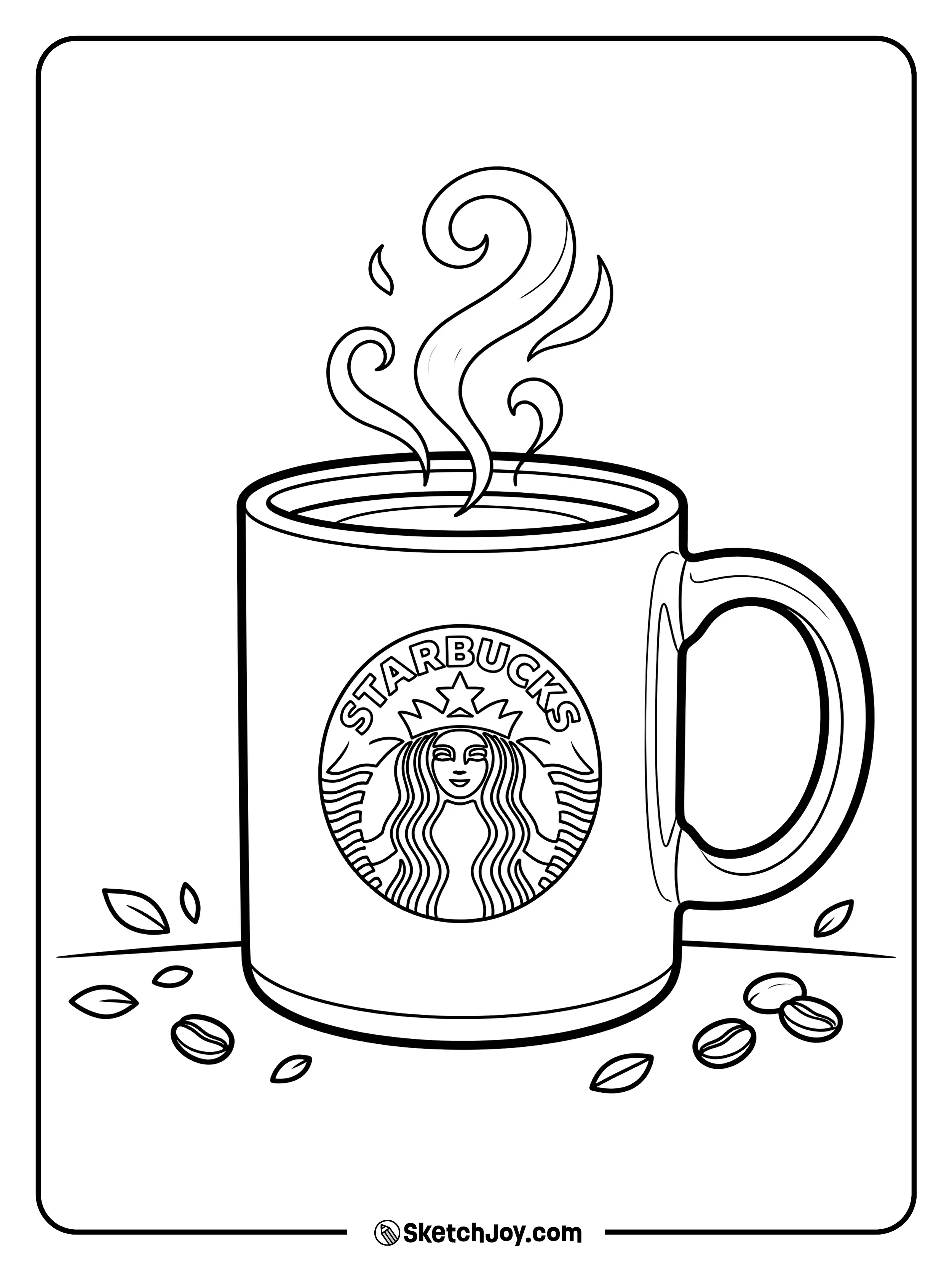 A ceramic mug with the famous siren logo and steam rising from the top.