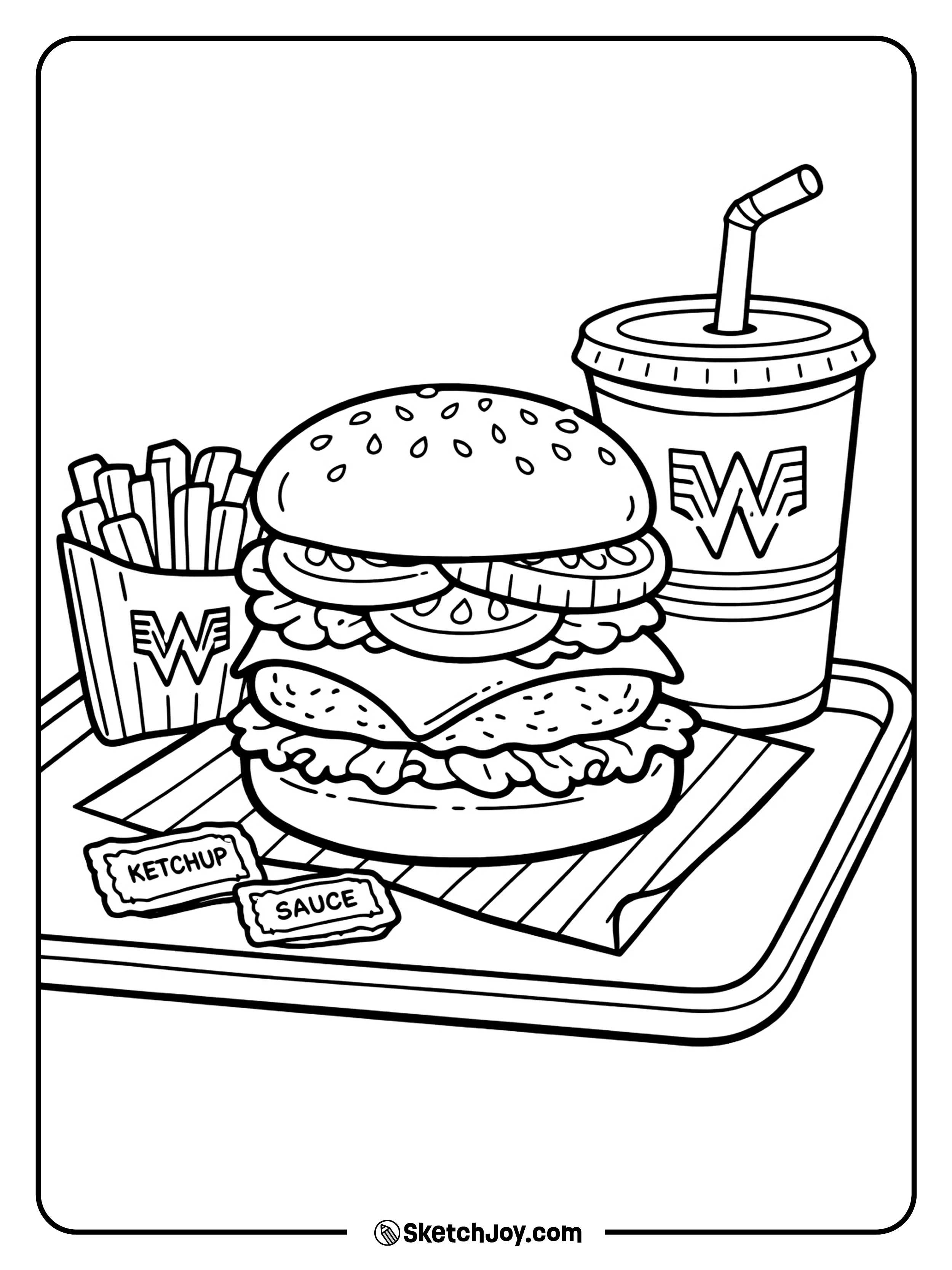 A tall famous burger with a striped wrapper and bold stacked layers.