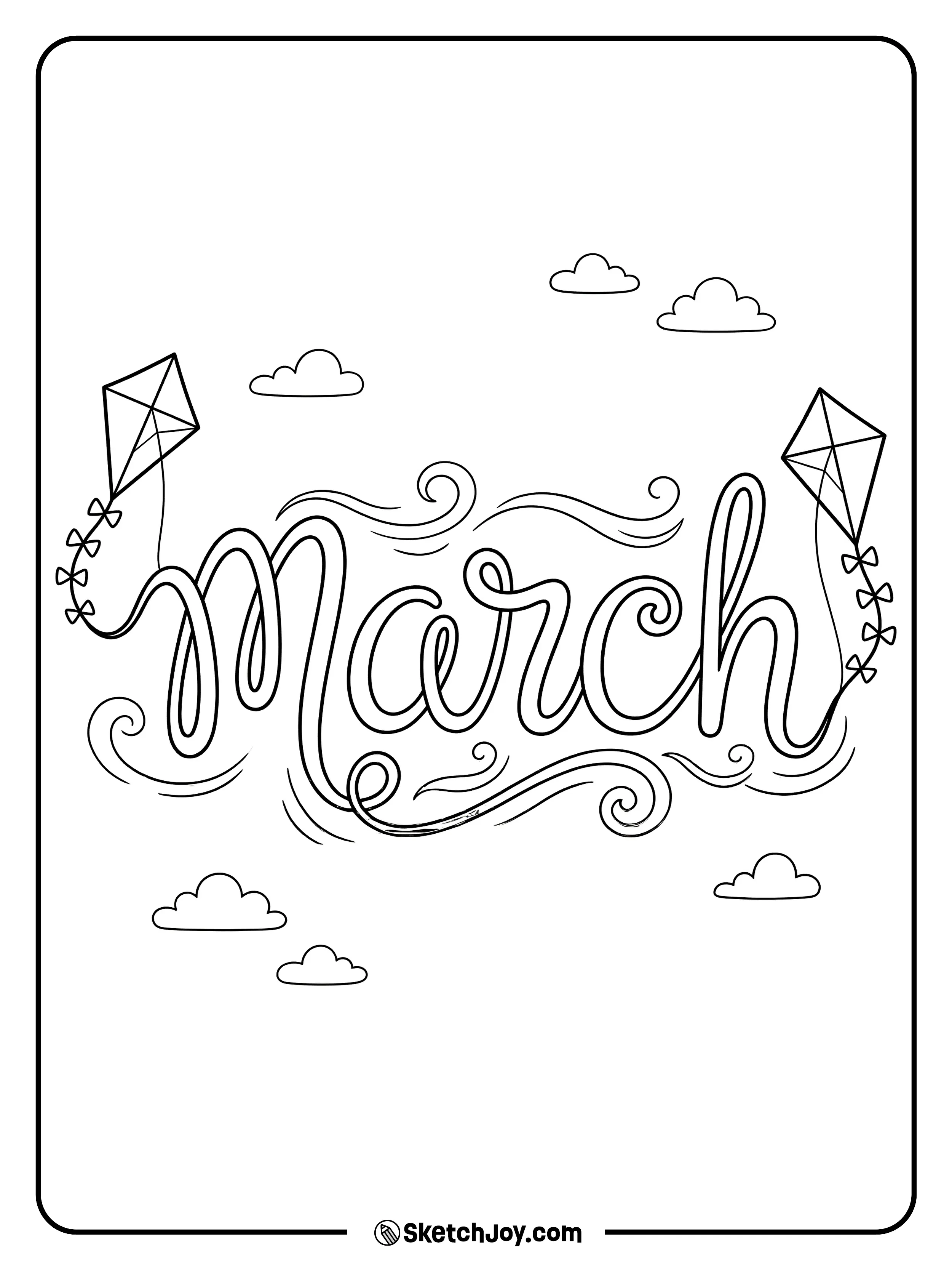 Kites and swirls of wind shape the MARCH letters in the sky.