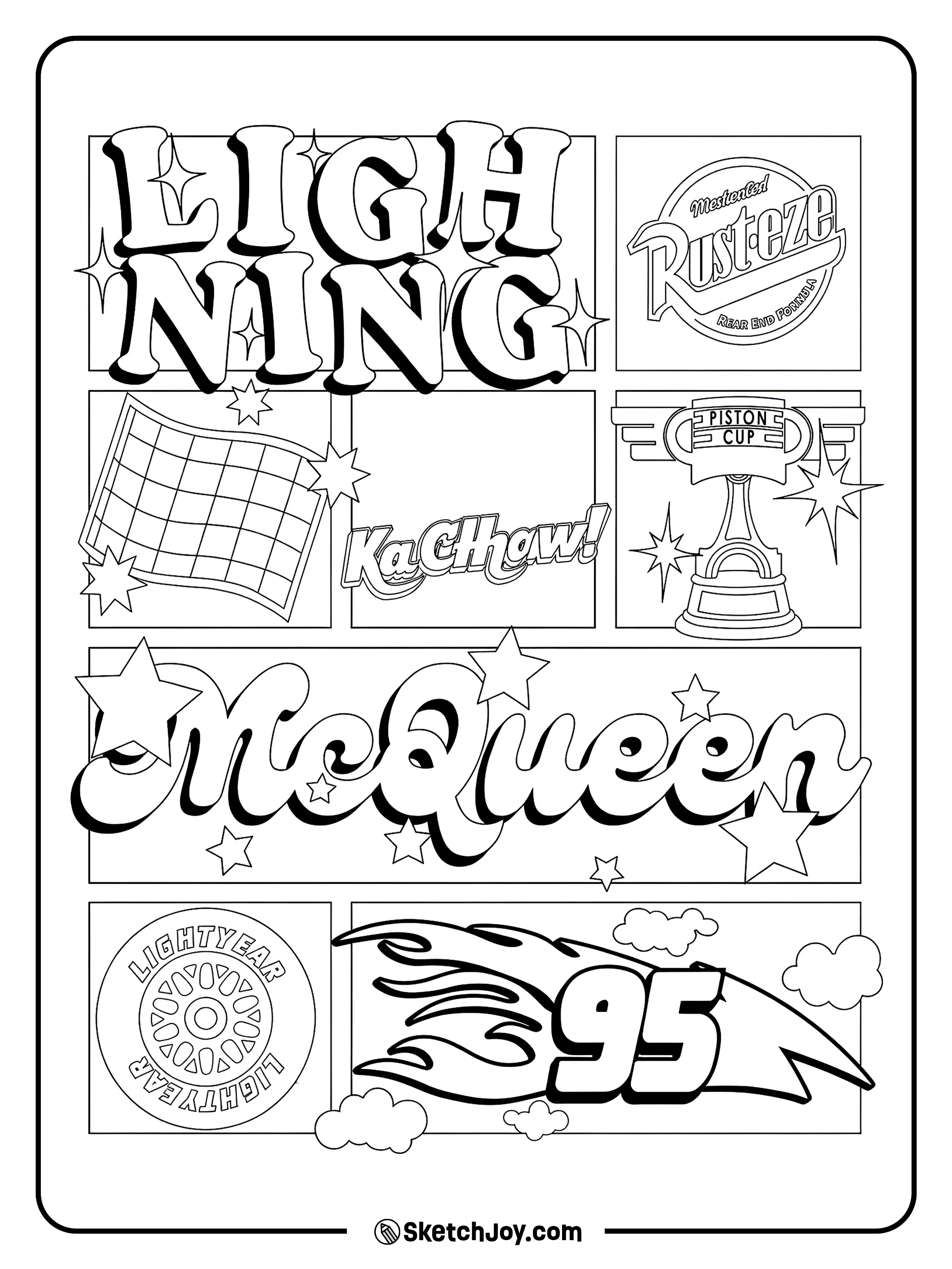 Lightning McQueen appears with fun racing words, stars, flags, and trophy icons.