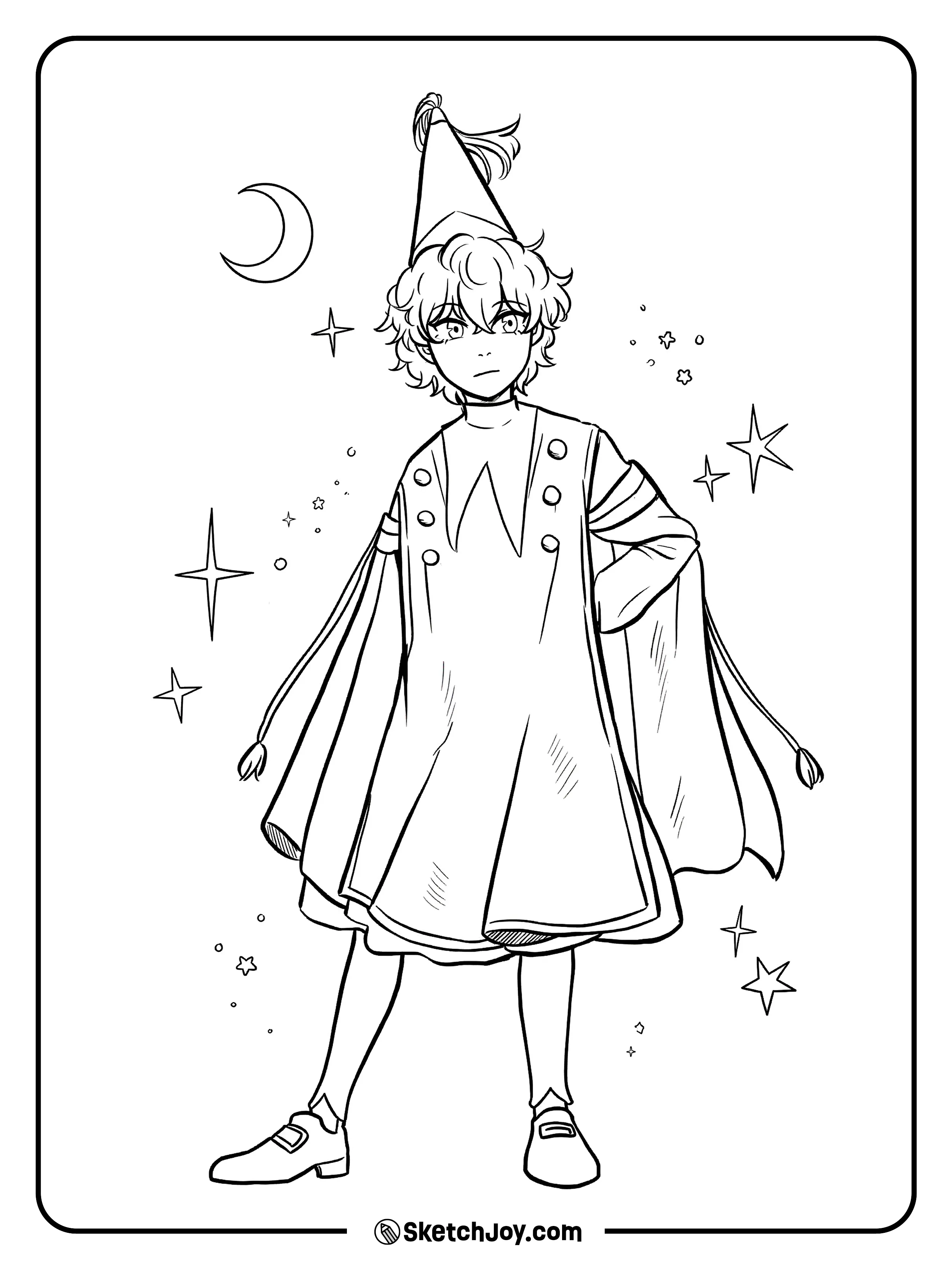 Agott stands with a serious look while stars and a crescent moon shine around her.