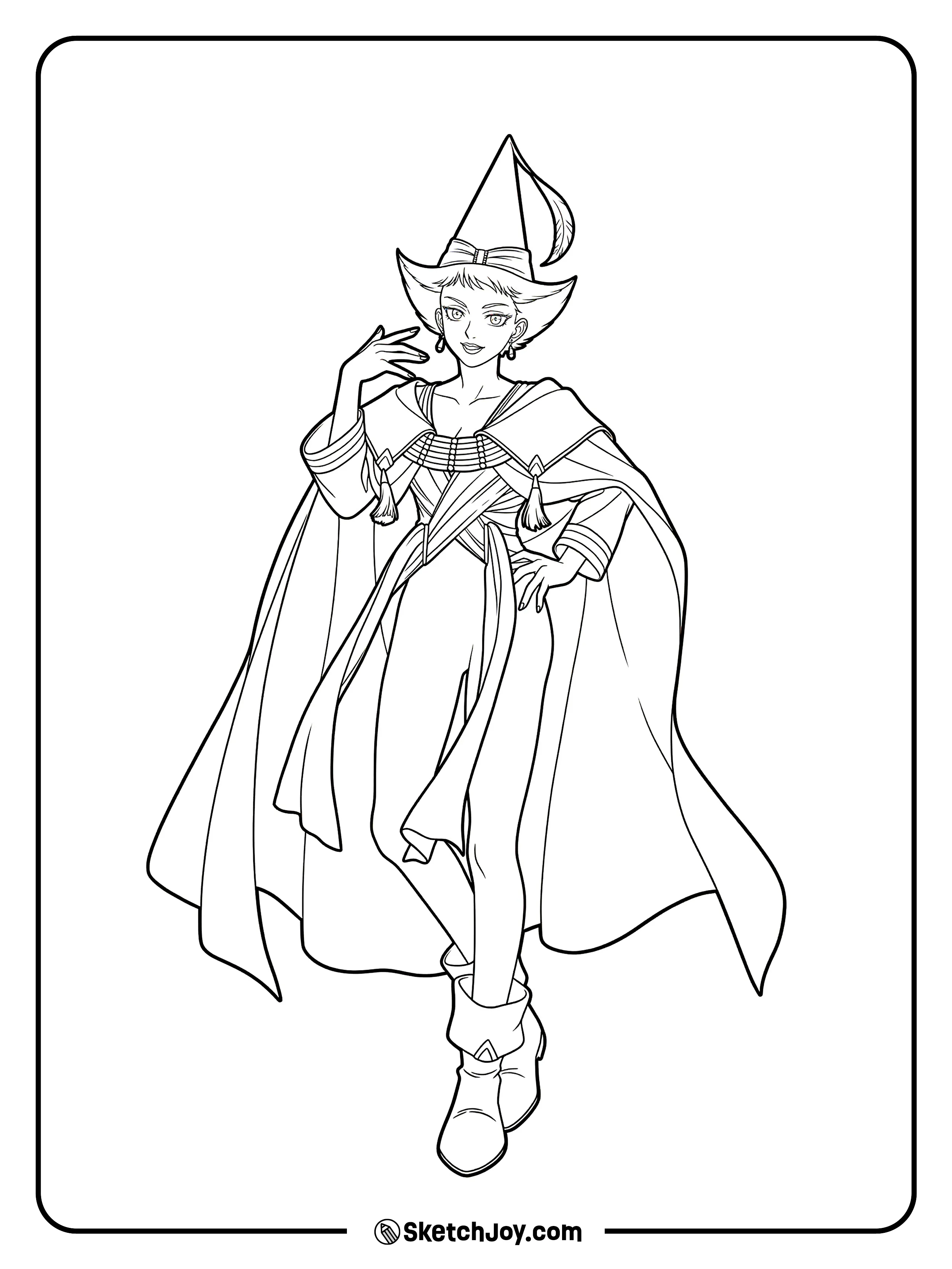 Alaira stands in a graceful pose with a flowing robe and a calm smile.