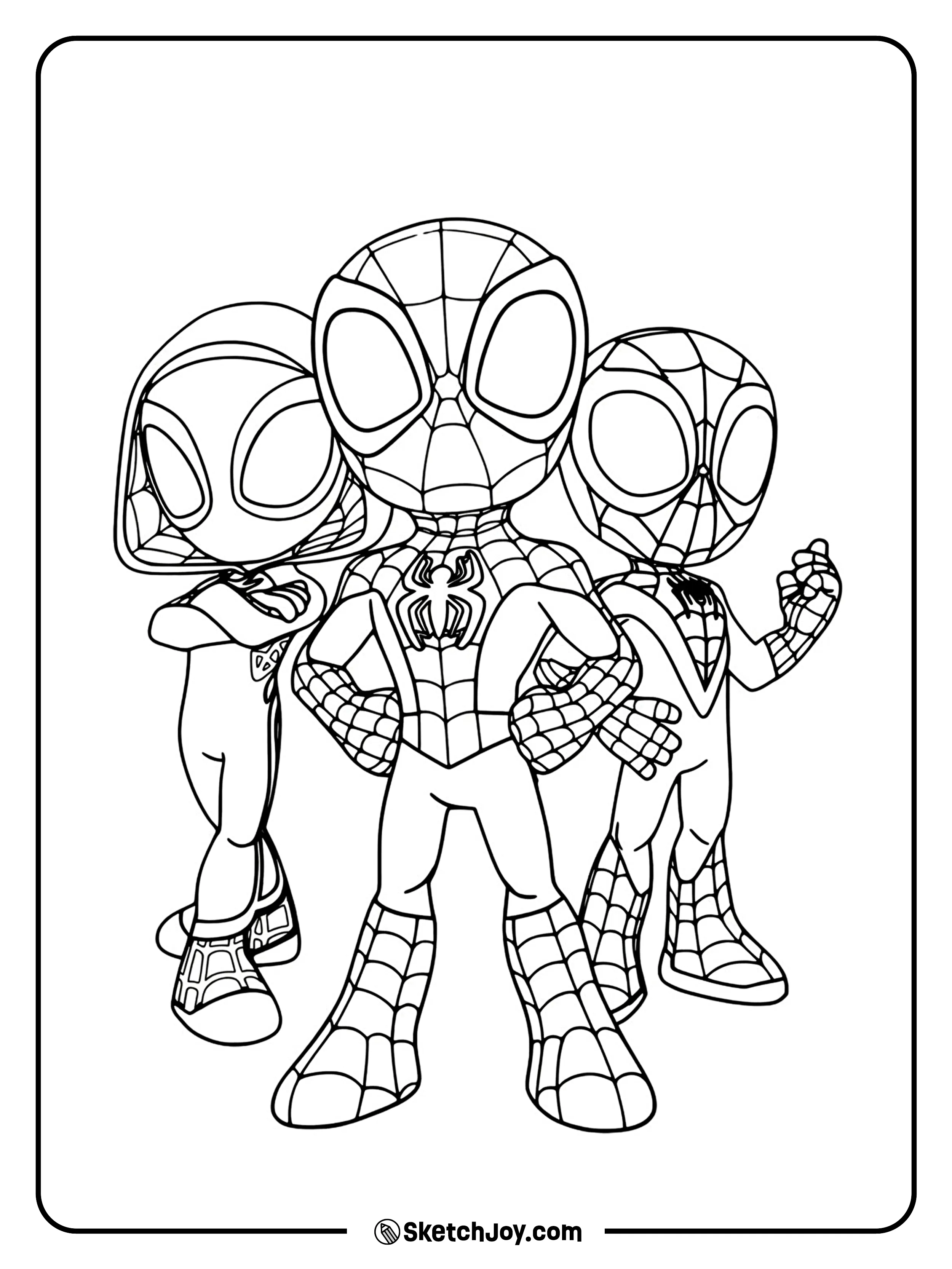 Ghost-Spider, Spidey, and Miles stand close together in a strong team pose.
