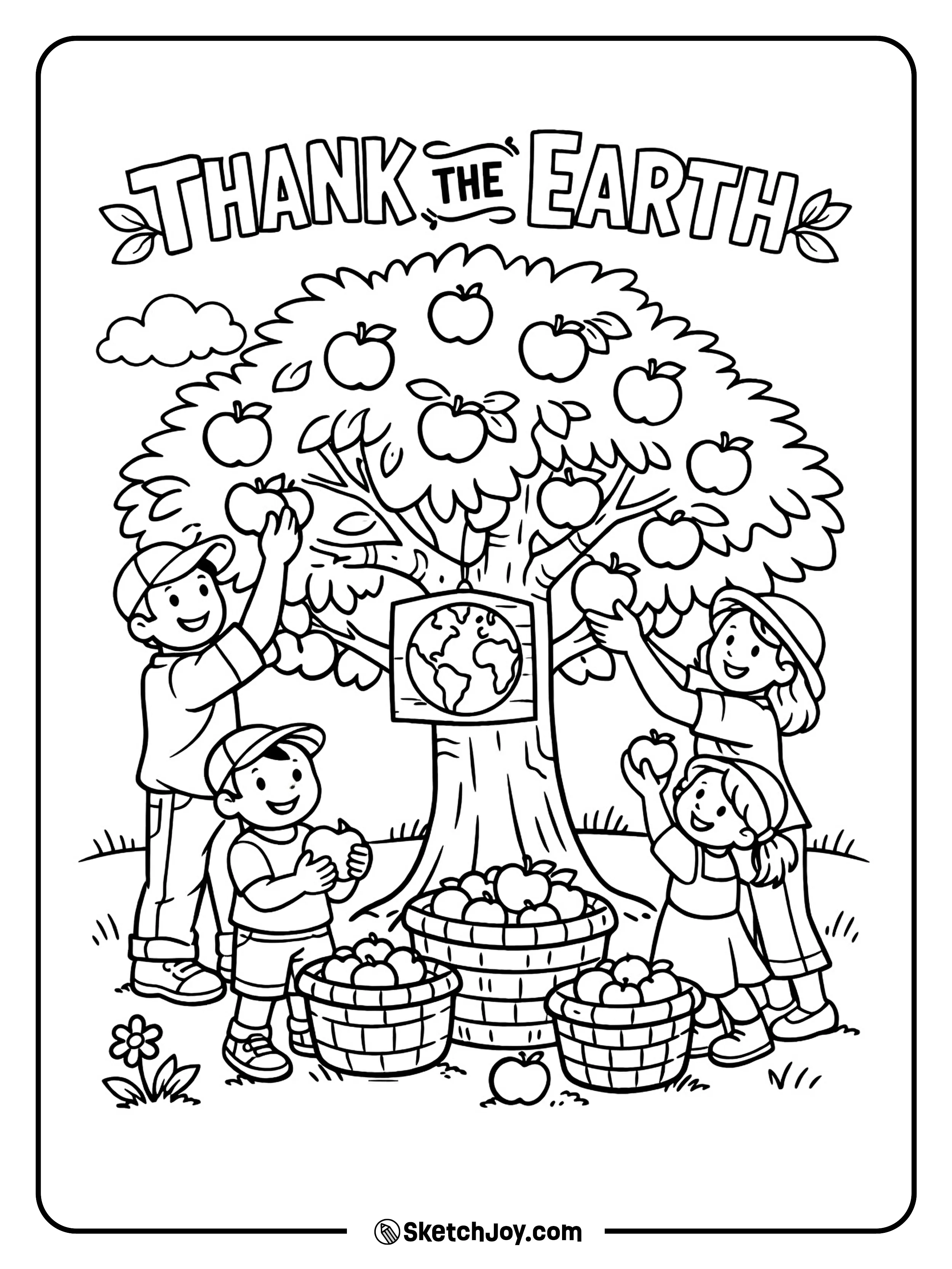 A family picks apples from a tree and enjoys nature together.