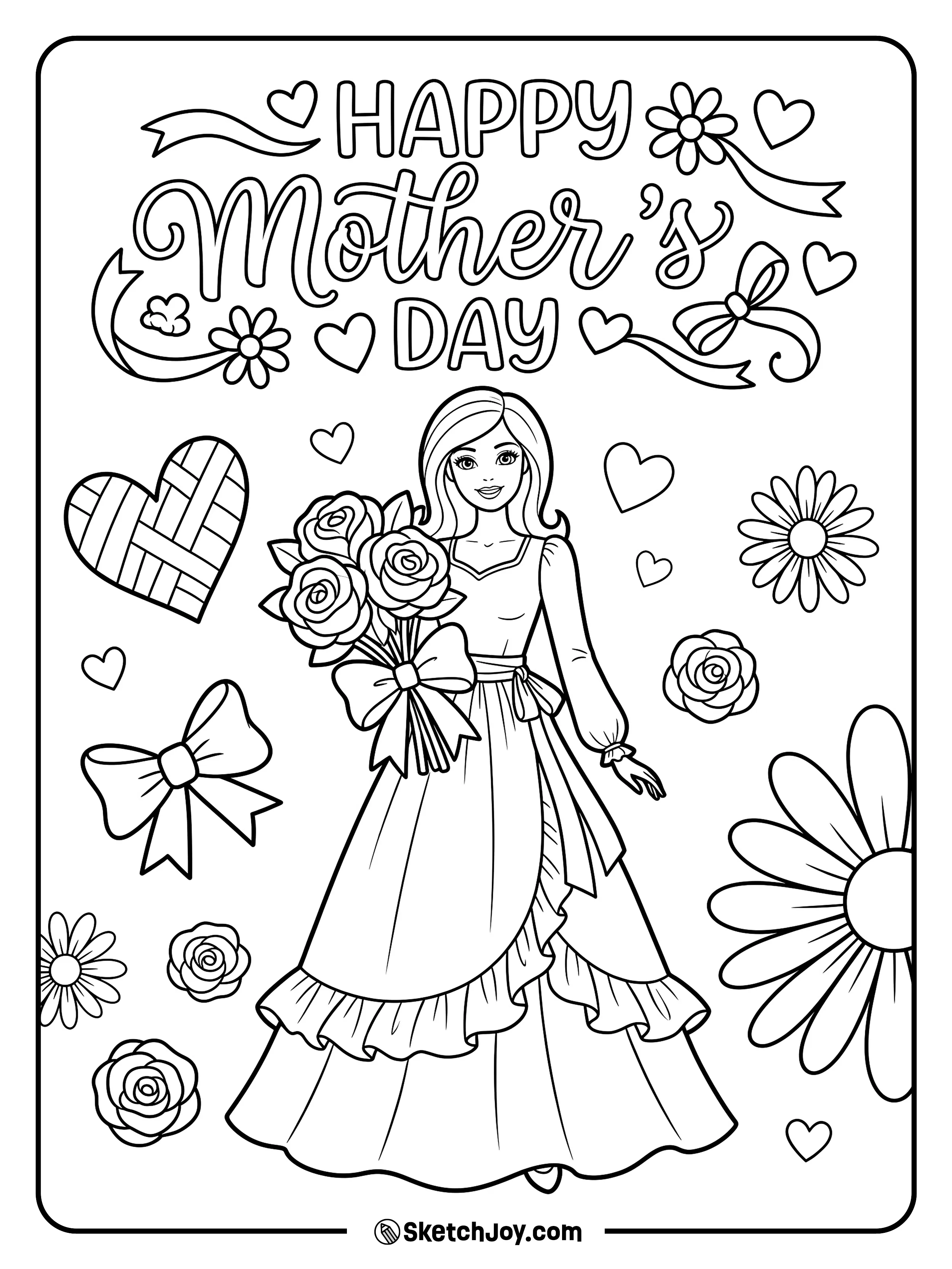 Barbie holds a rose bouquet and smiles with love.