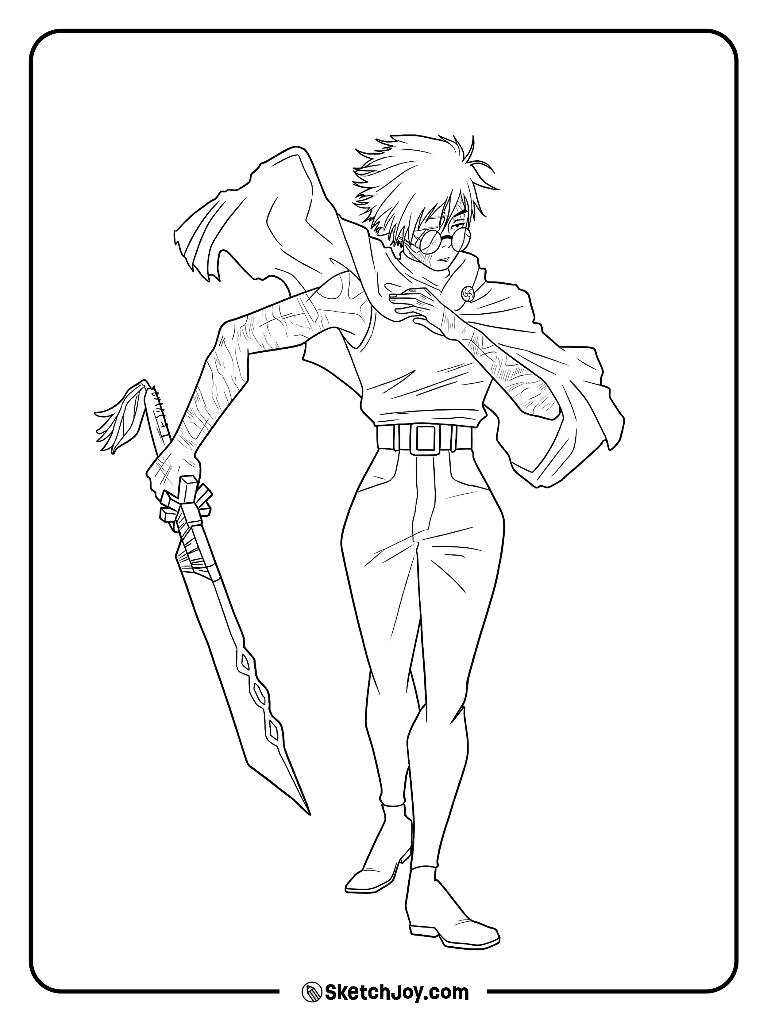 Maki holds her blade close as her cape moves in the wind.