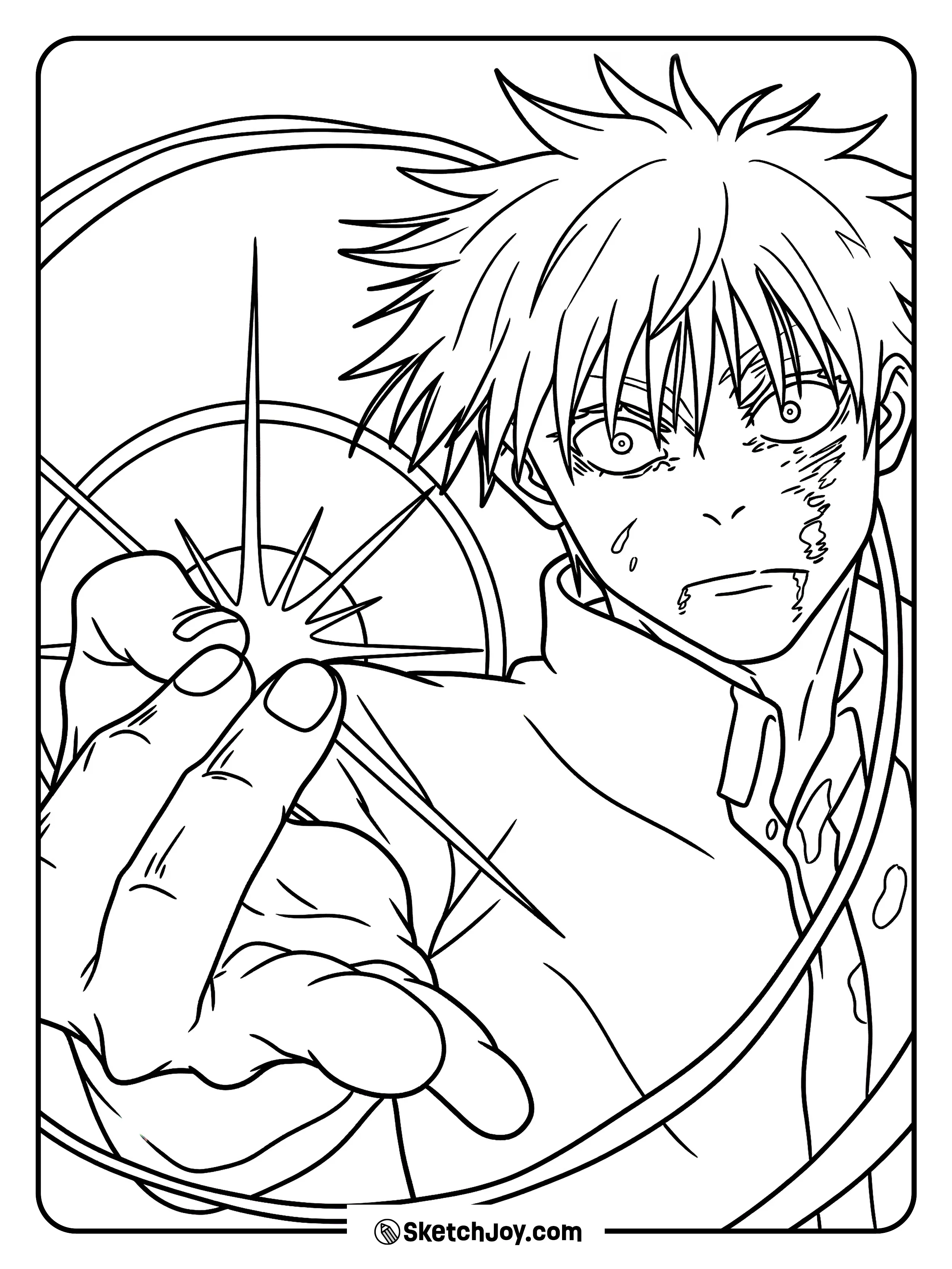 Gojo looks hurt but focused as he holds a glowing move in front of him.