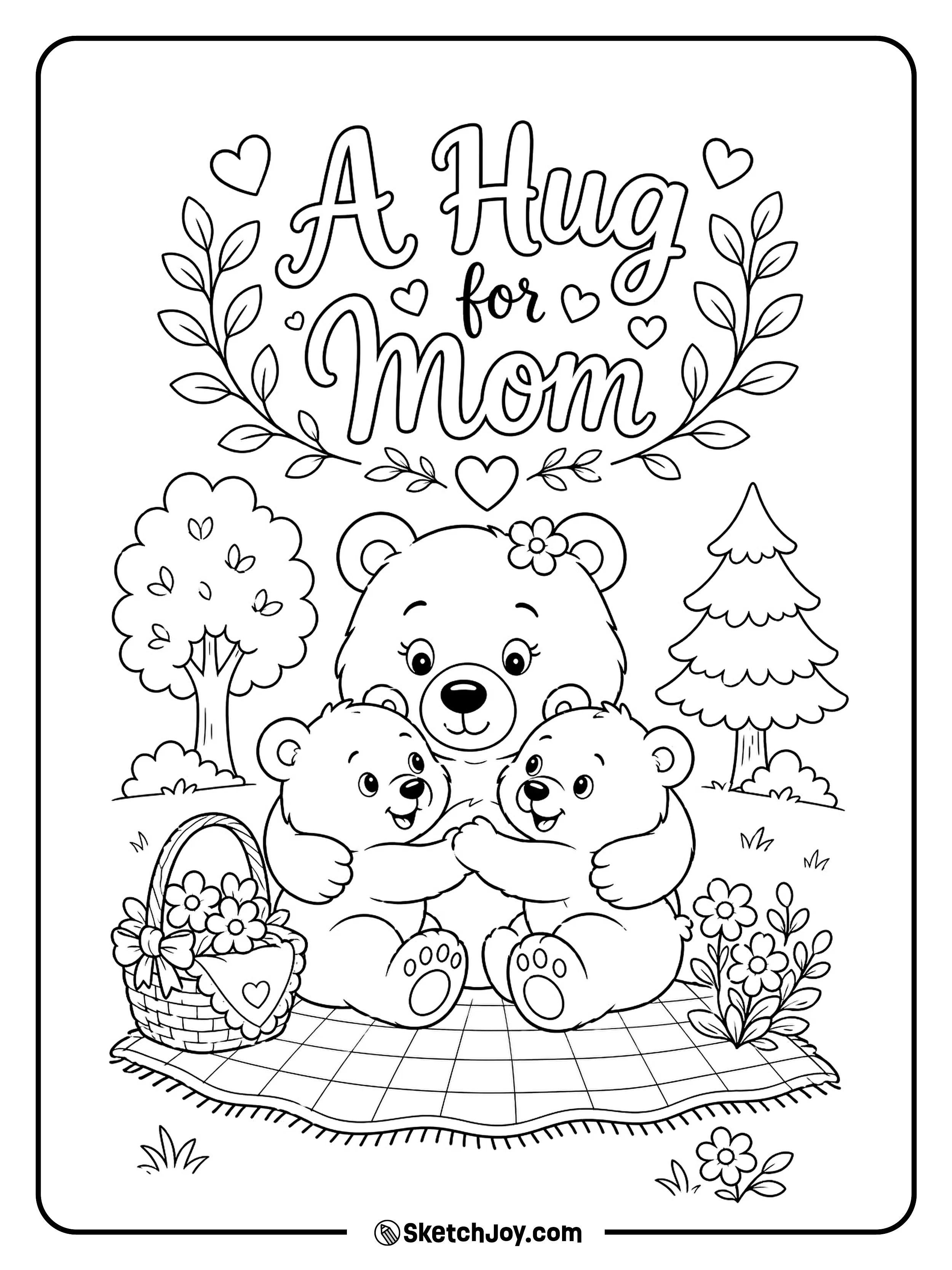 A mama bear and her cubs enjoy a picnic together.