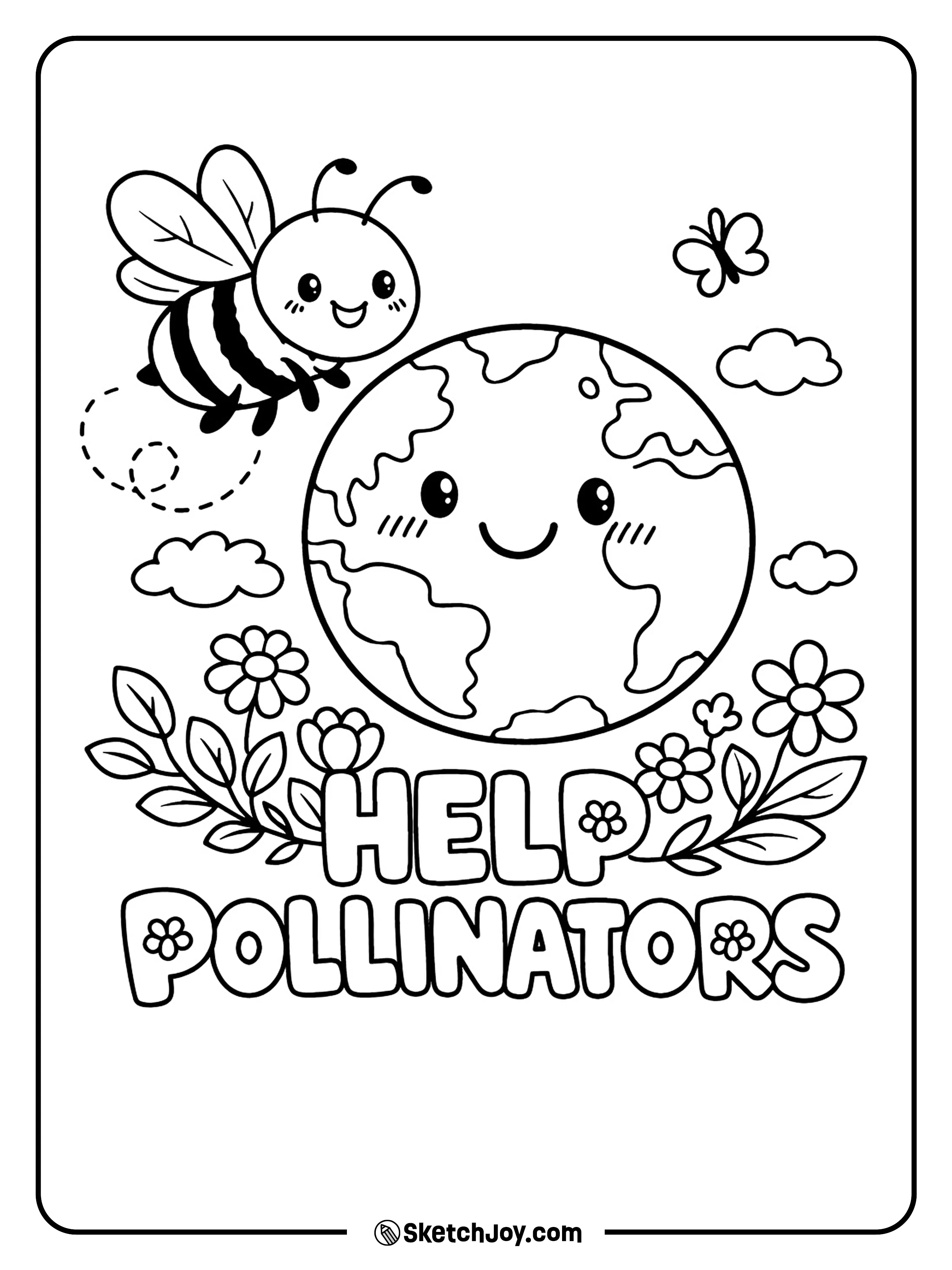 A bee flies near the Earth and flowers in a sweet spring scene.