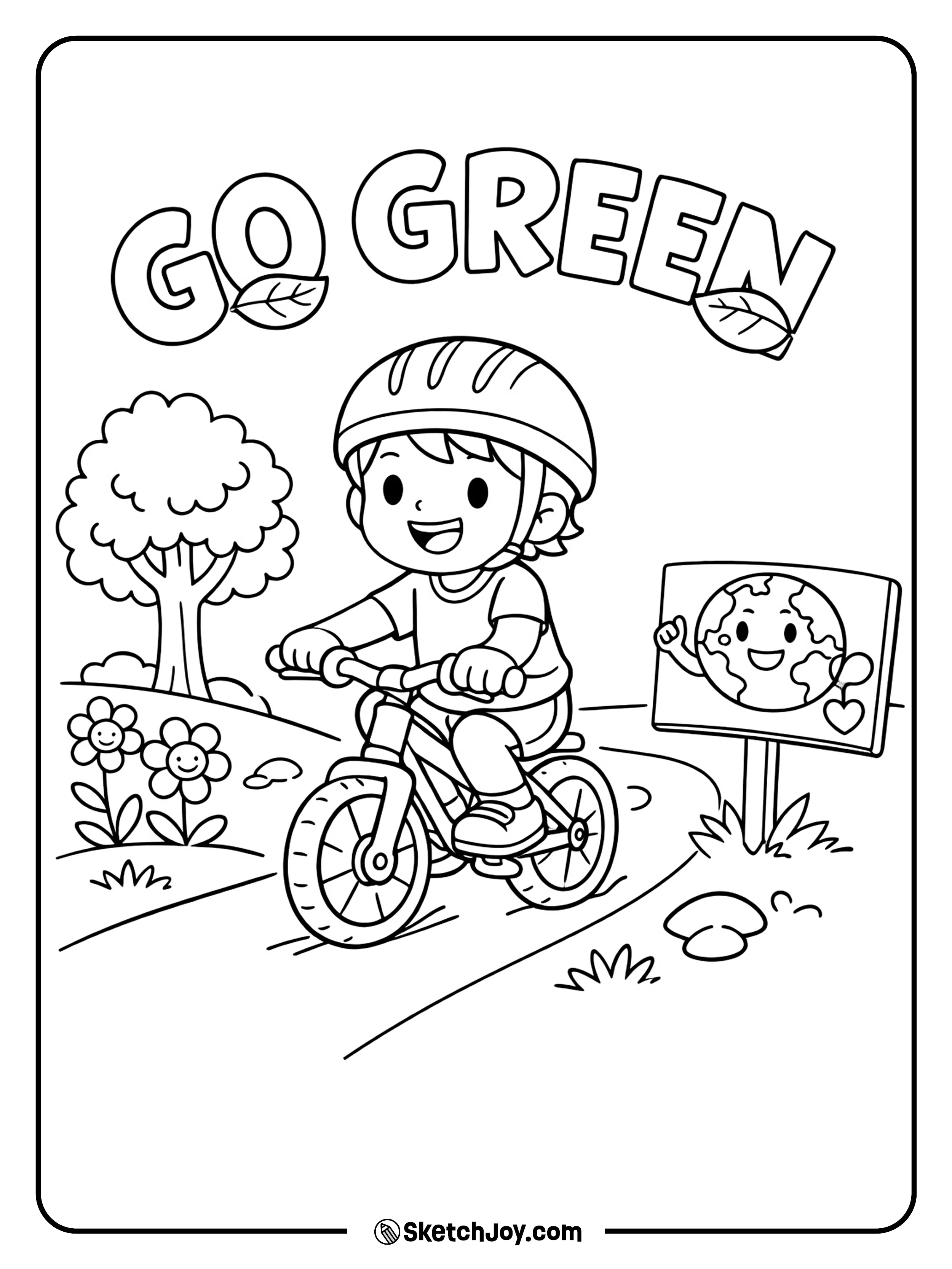 A kid rides a bike under the sun with Earth Day joy.