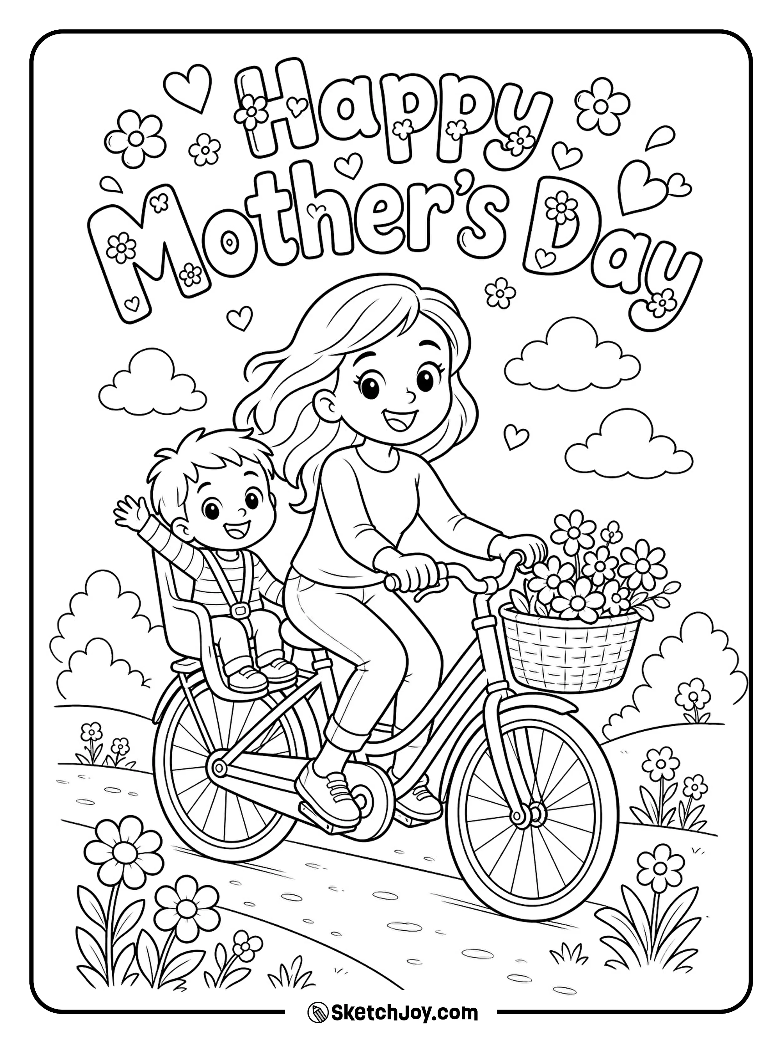 Mom and child ride together on a happy spring day.