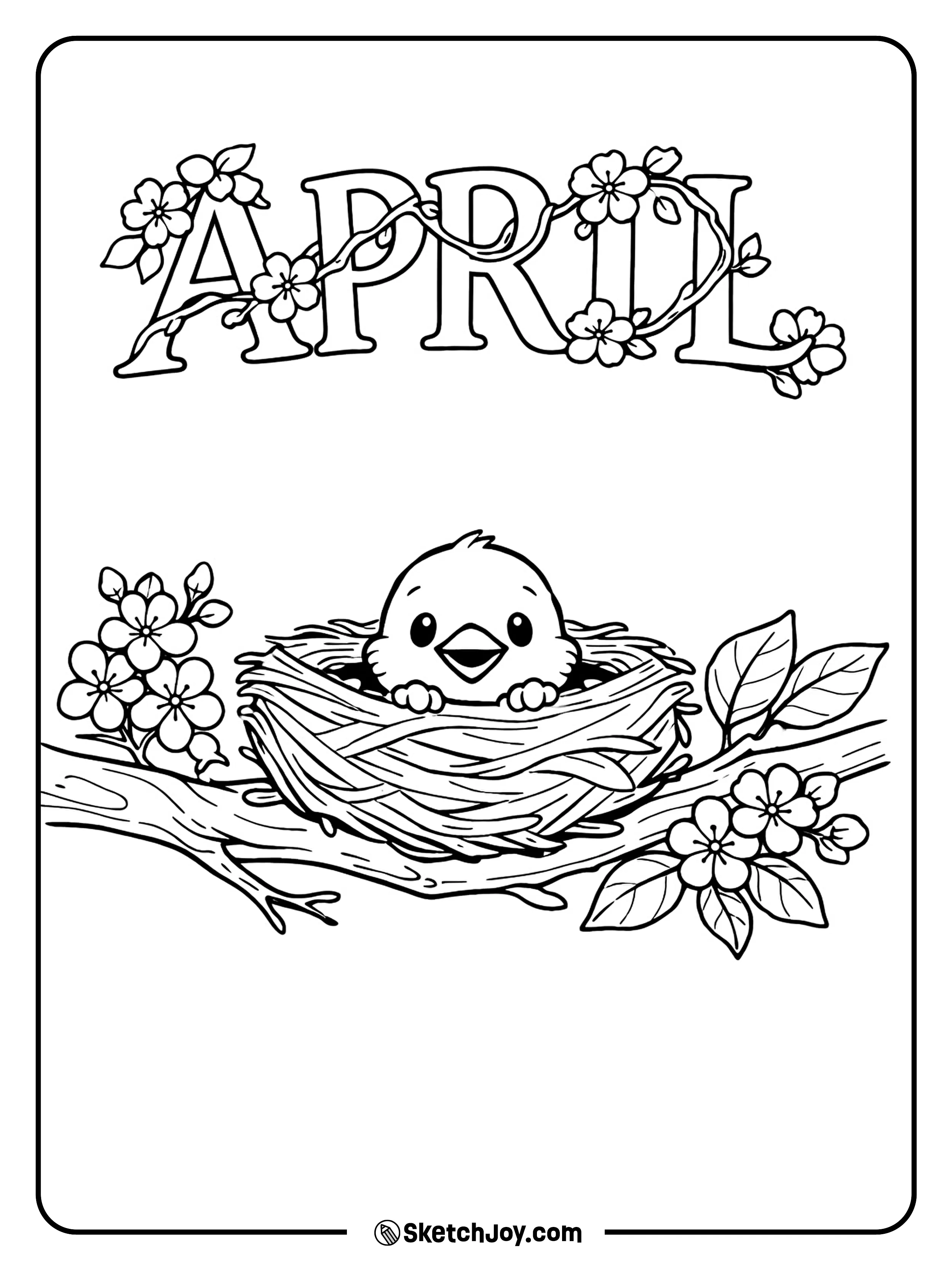 A baby bird peeks out of a nest on a spring branch.