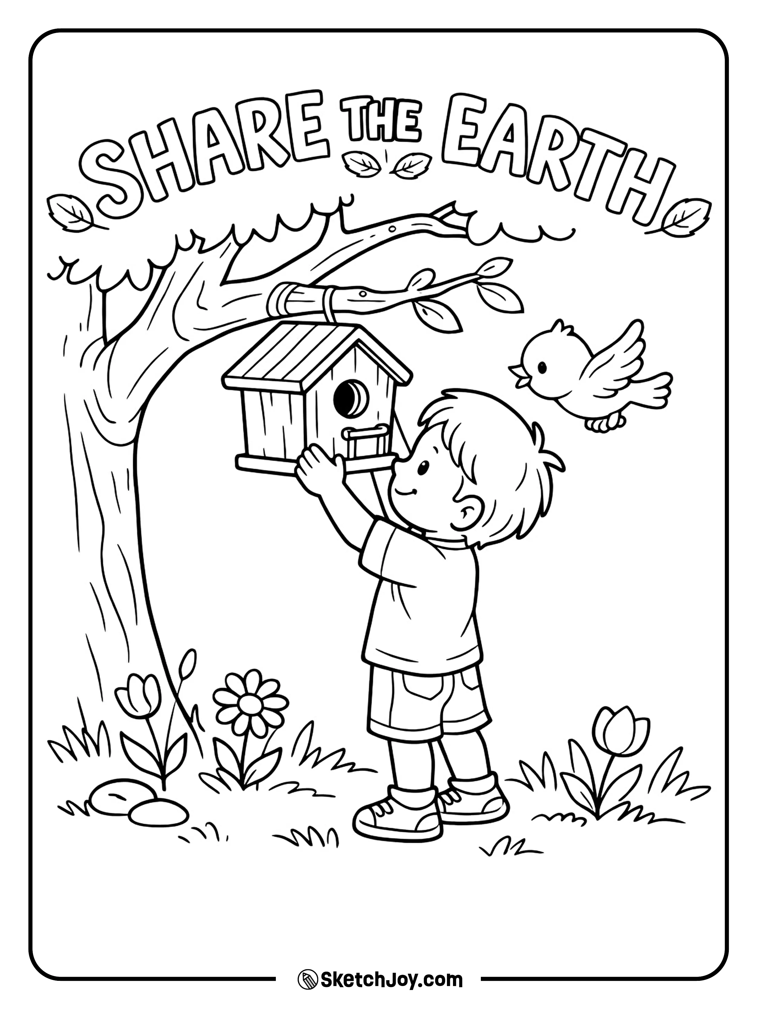 A child hangs a birdhouse to help birds find a safe home.