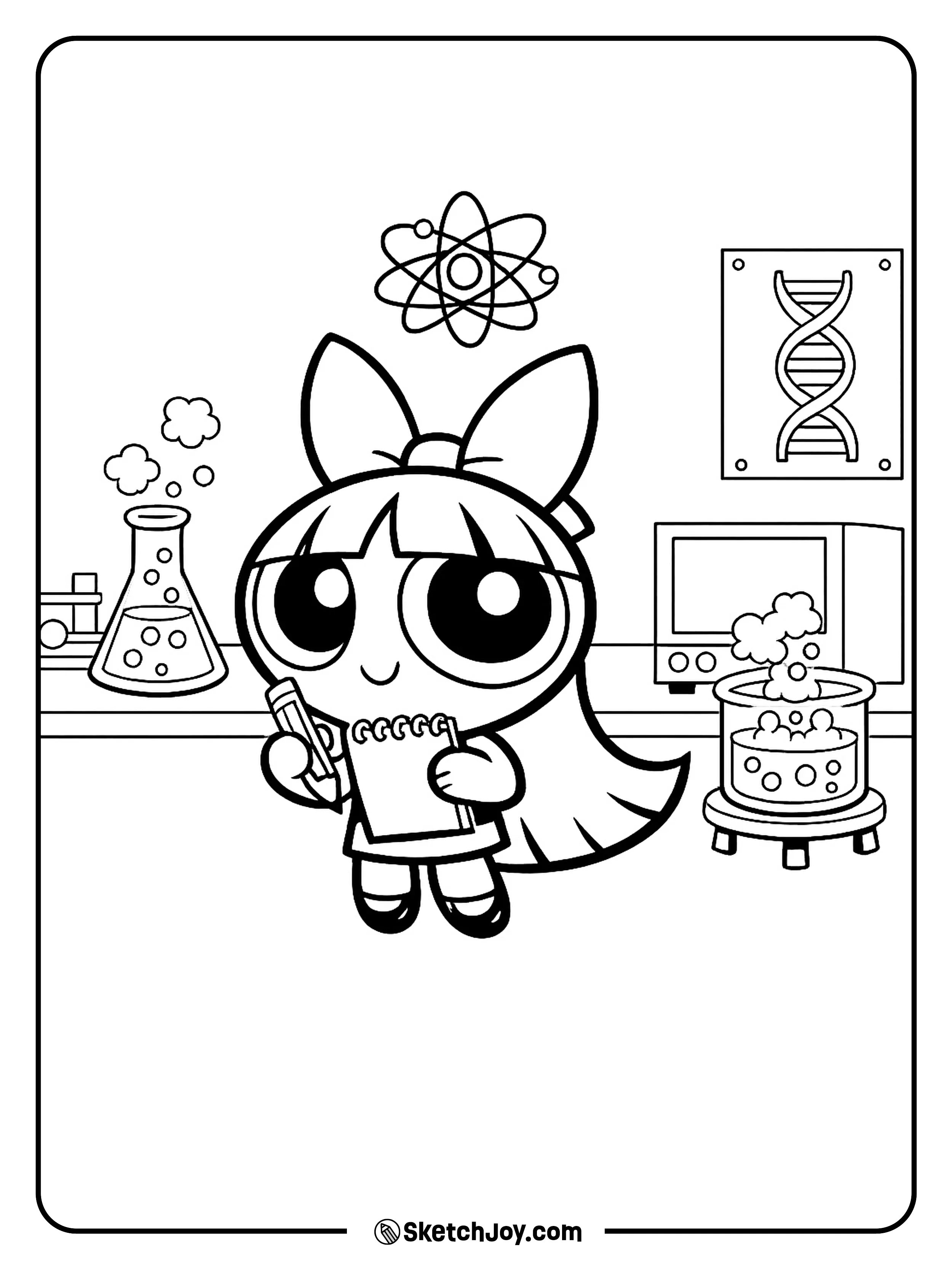 Blossom stands in the lab with a notebook and a bright idea.