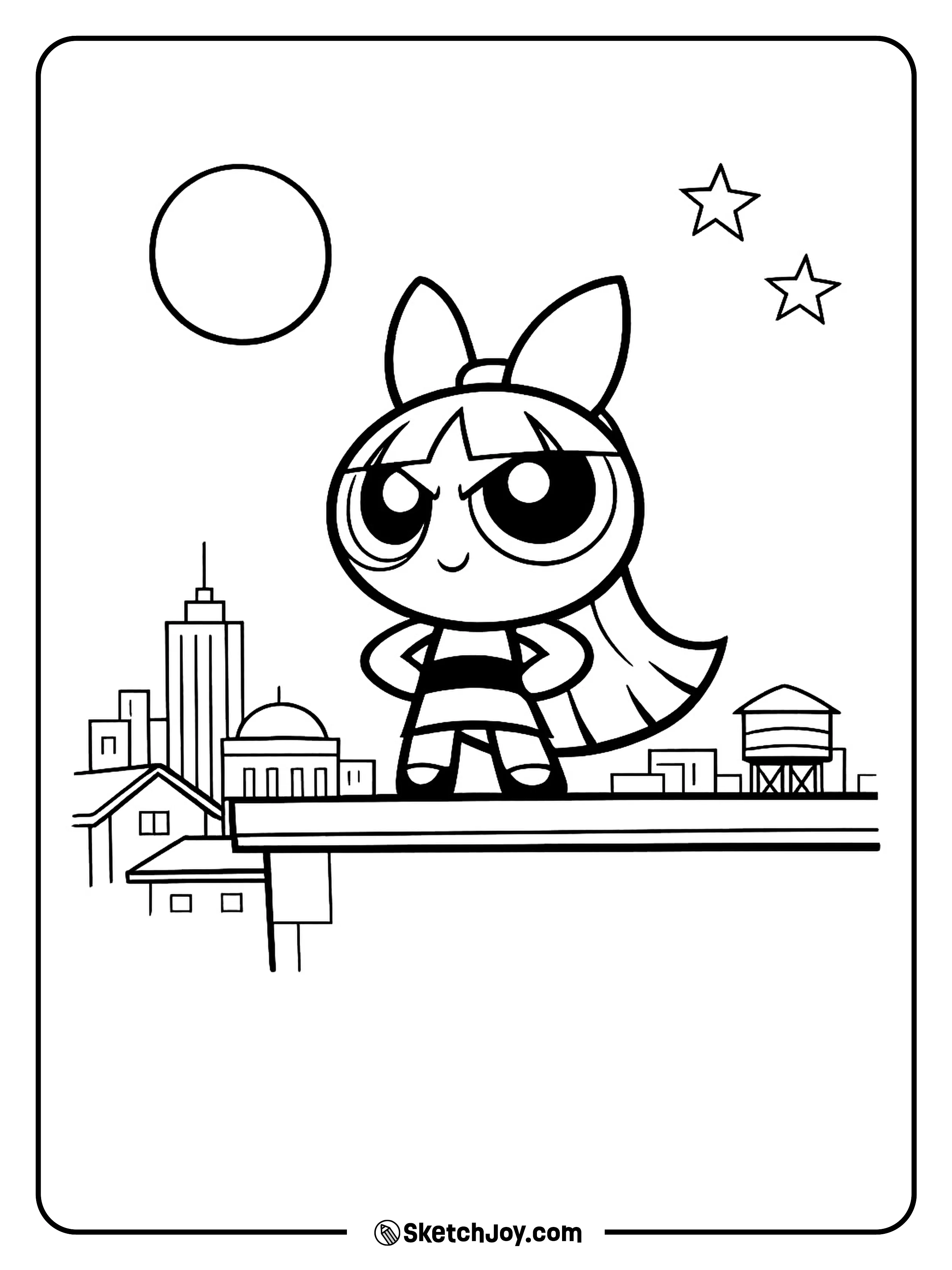 Blossom stands on a rooftop and looks over Townsville.