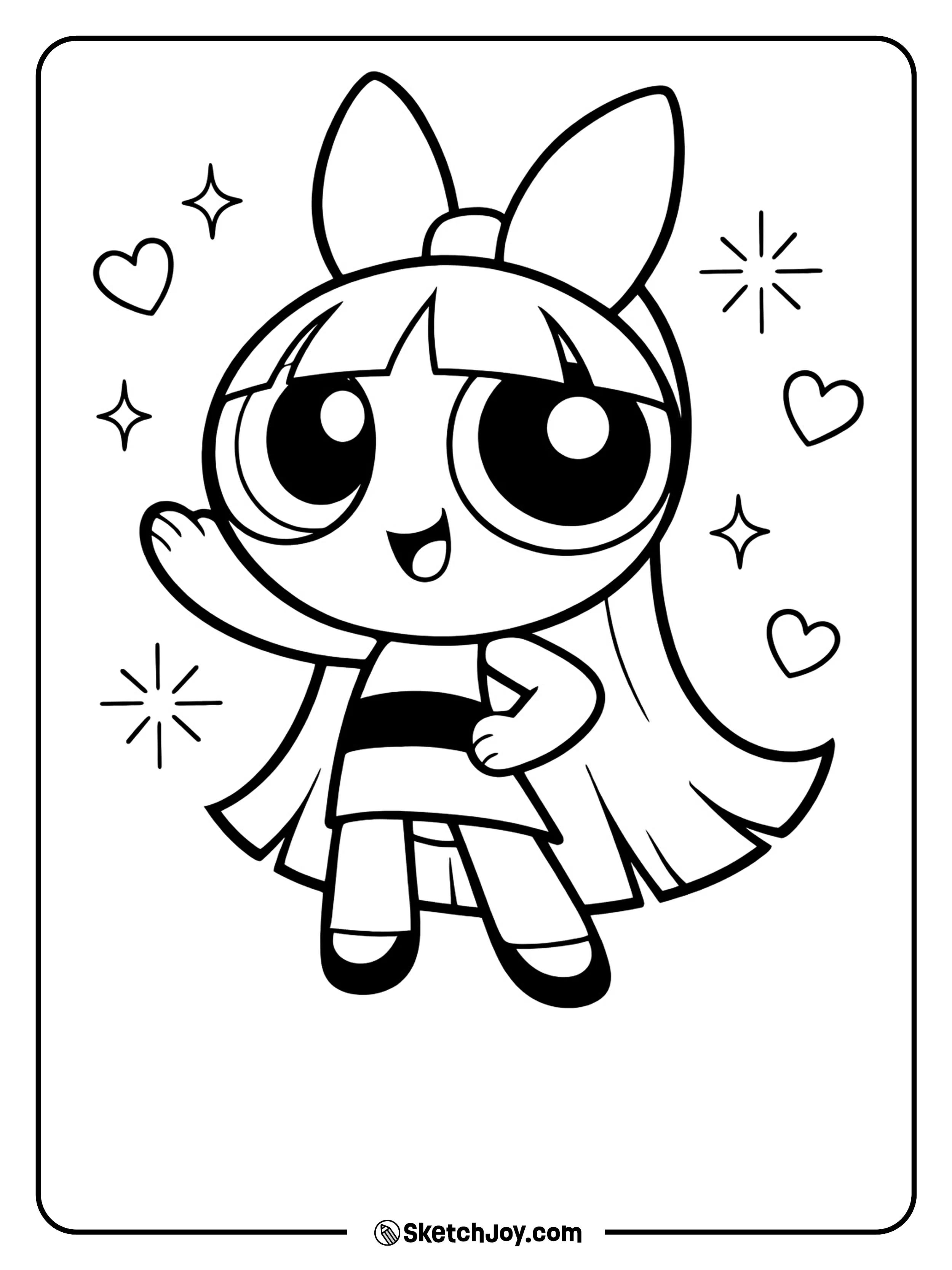 Blossom smiles in a proud pose with her famous bow.