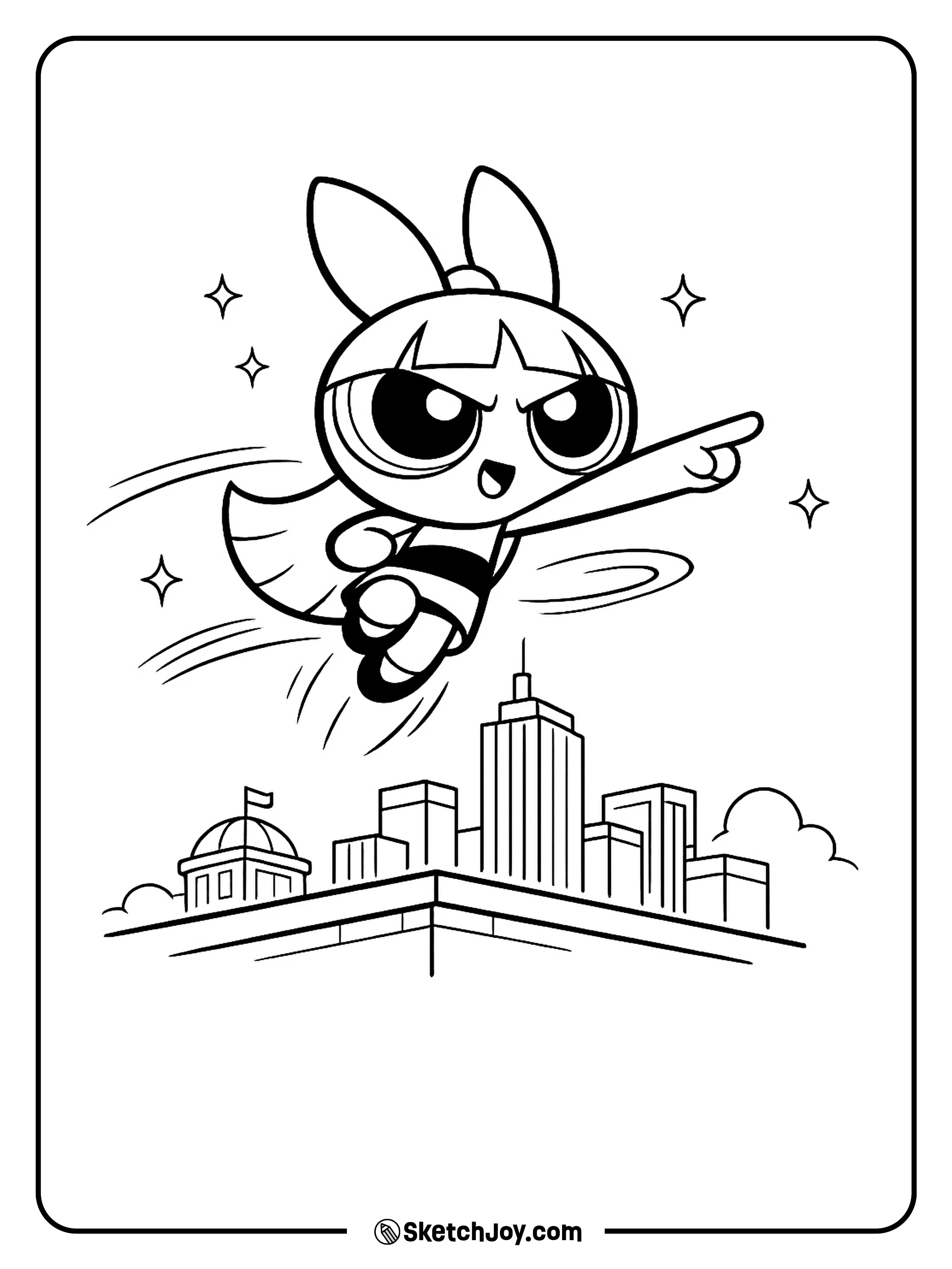 Blossom points ahead as she leads a rescue over the city.