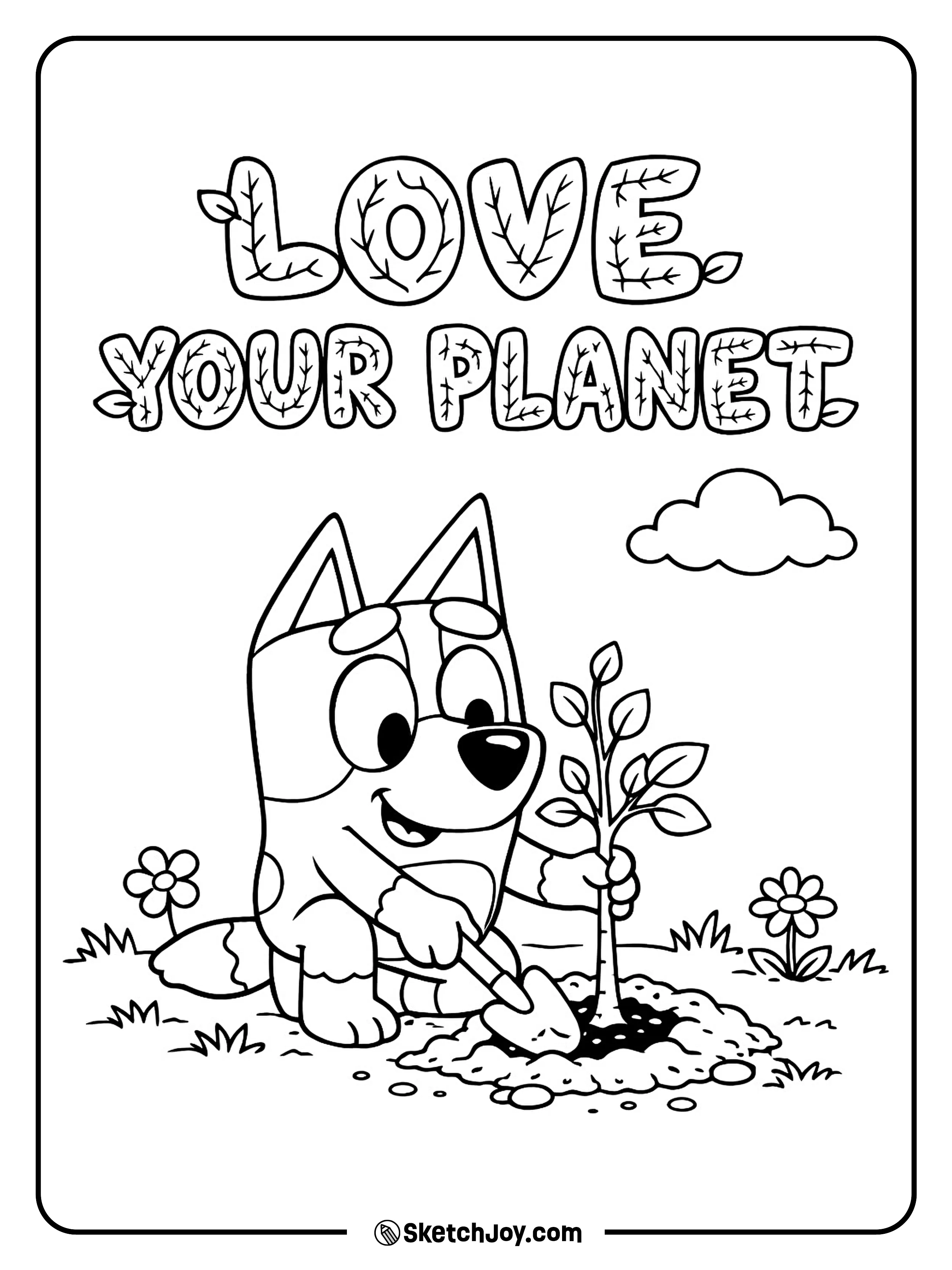 Bluey plants a small tree with a happy Earth Day smile.