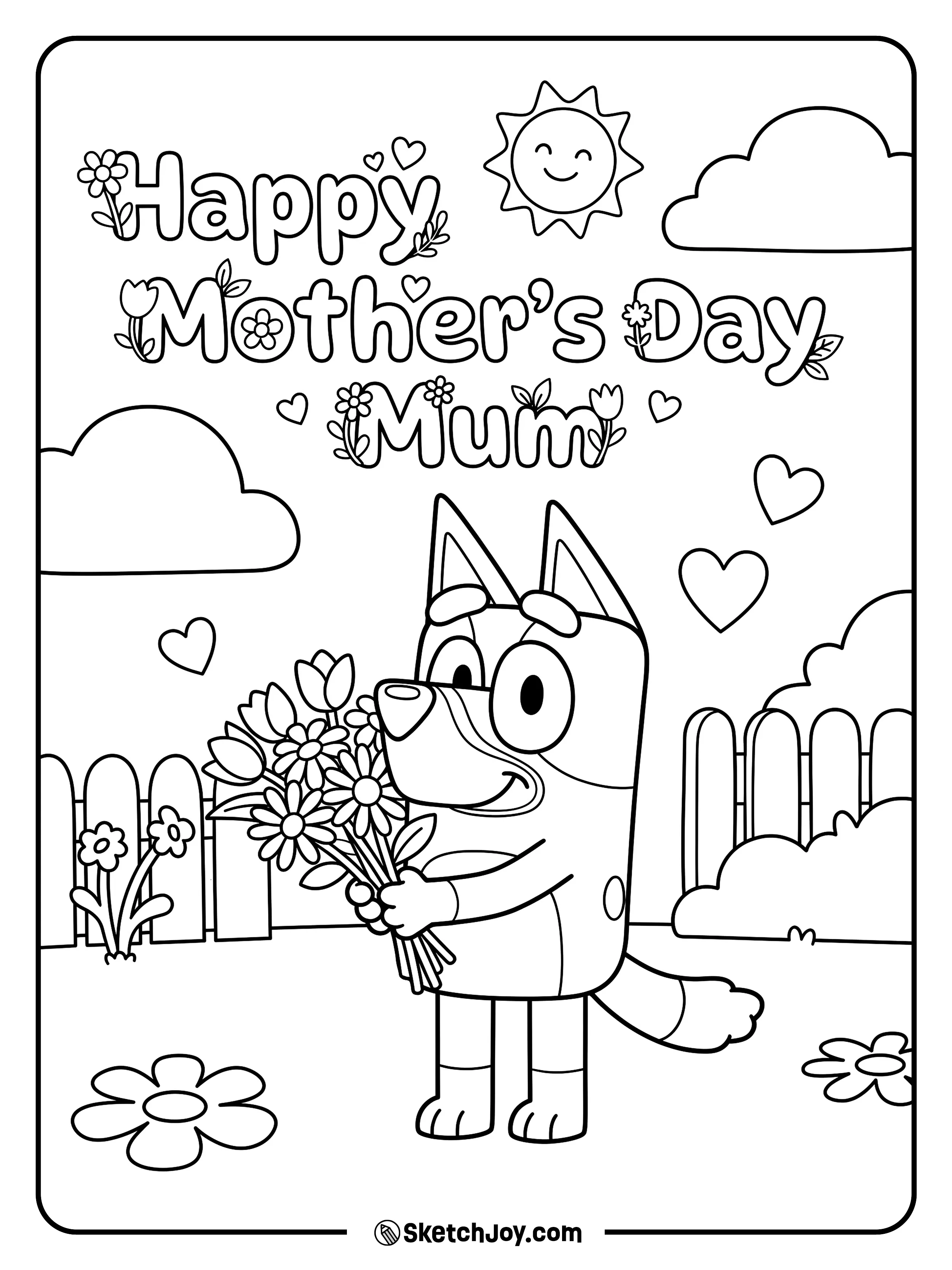 Bluey carries flowers for Mum with a big happy smile.