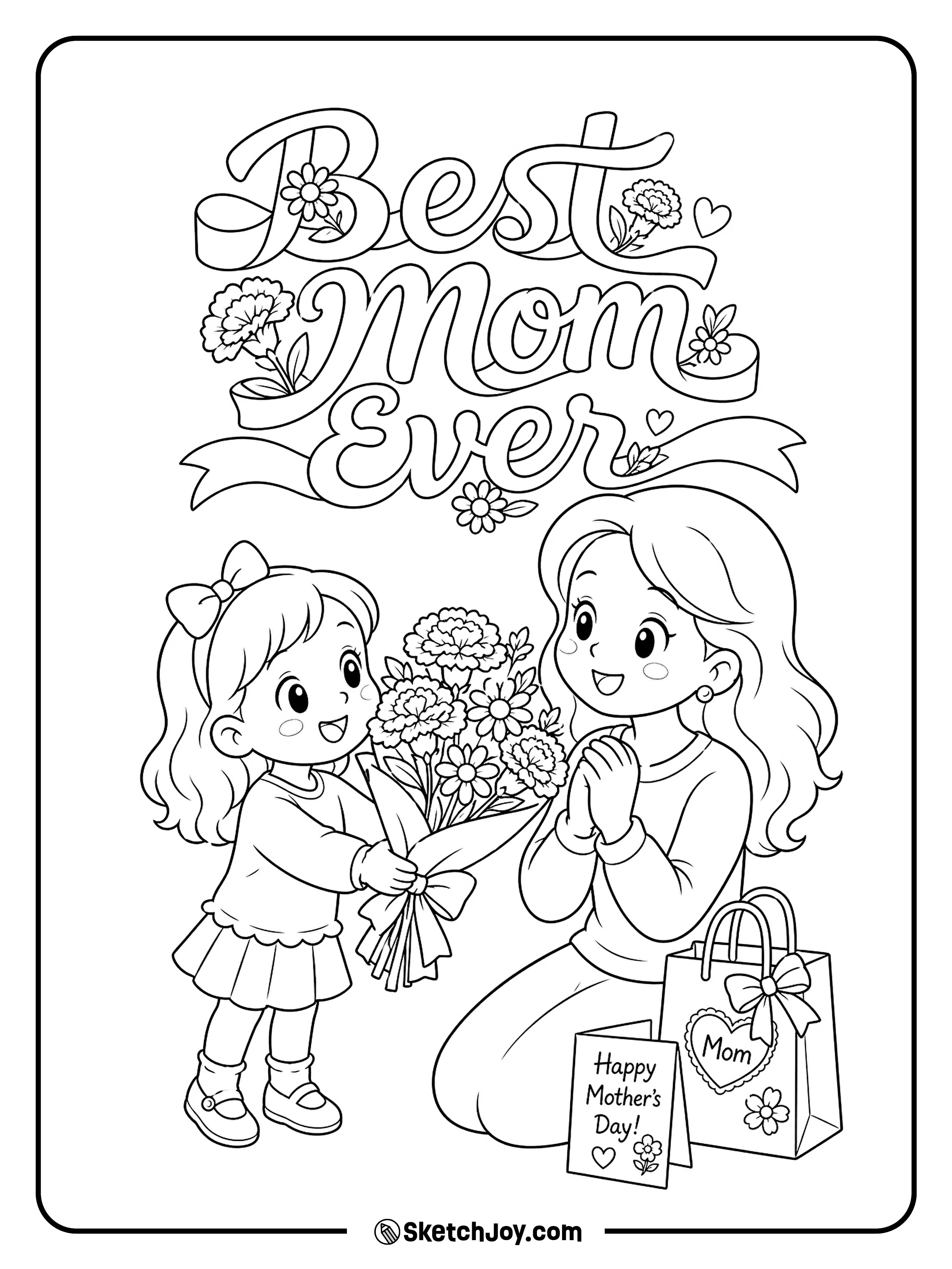 A child gives mom a flower bouquet and a card.