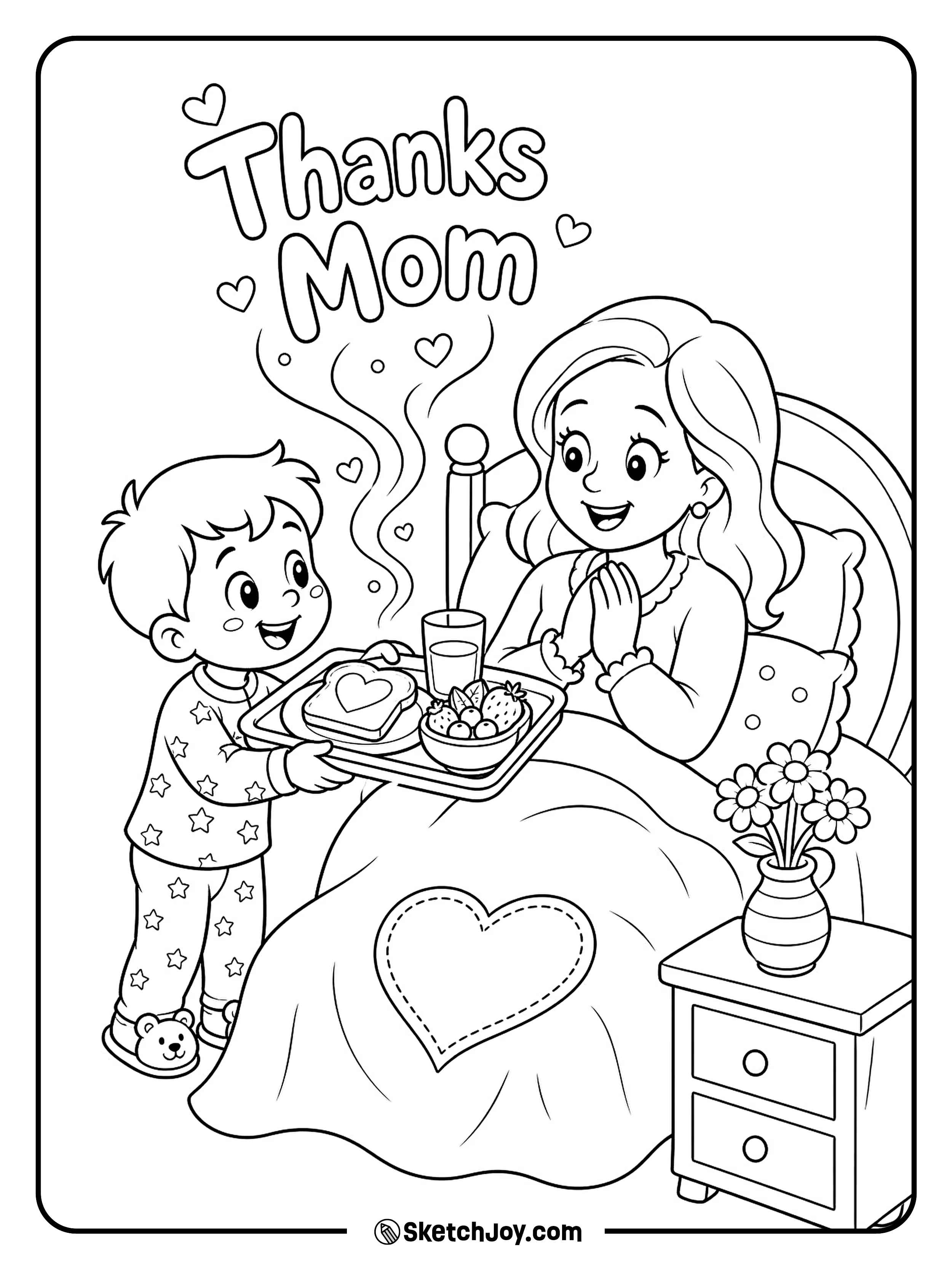 A child brings mom breakfast in bed with a big smile.