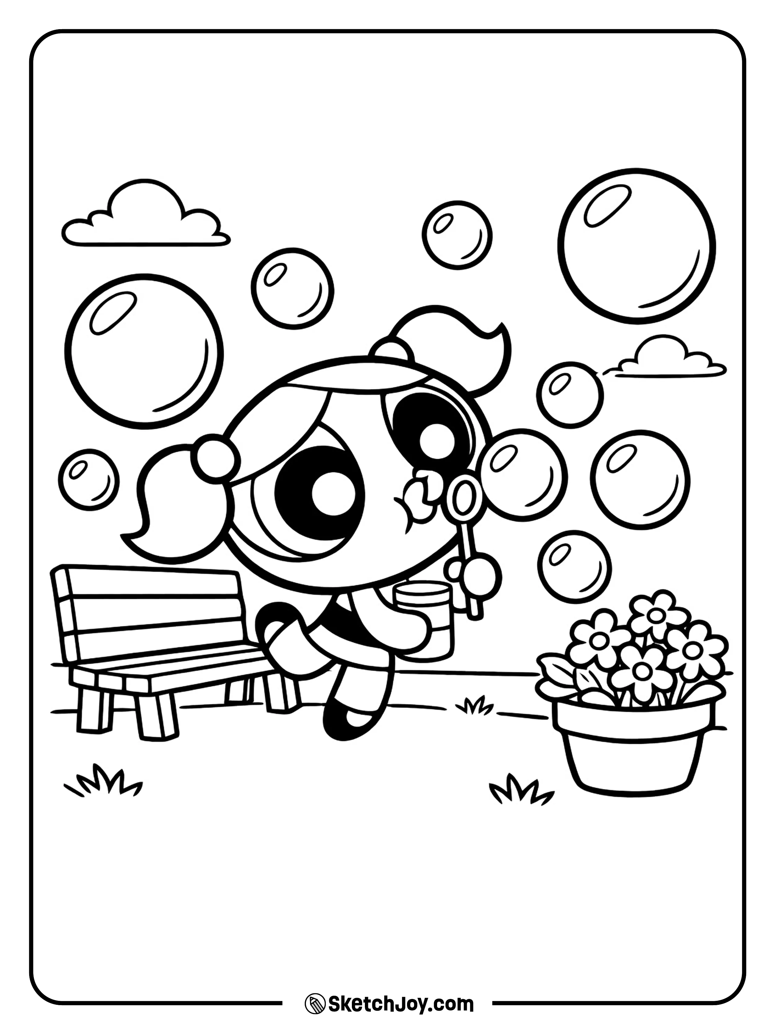 Bubbles plays with floating bubbles in a cute scene.