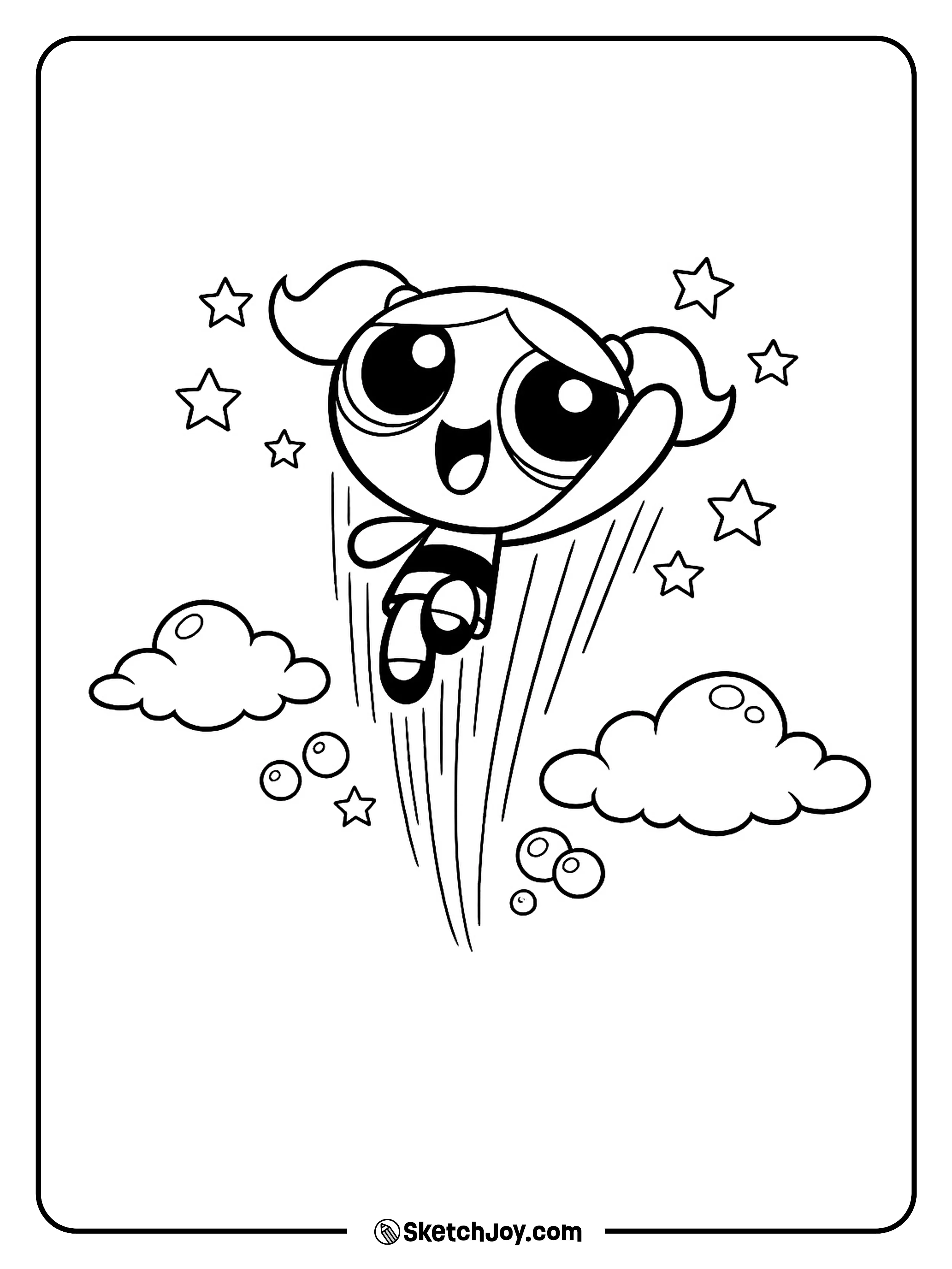 Bubbles zooms through the sky with a bright happy face.