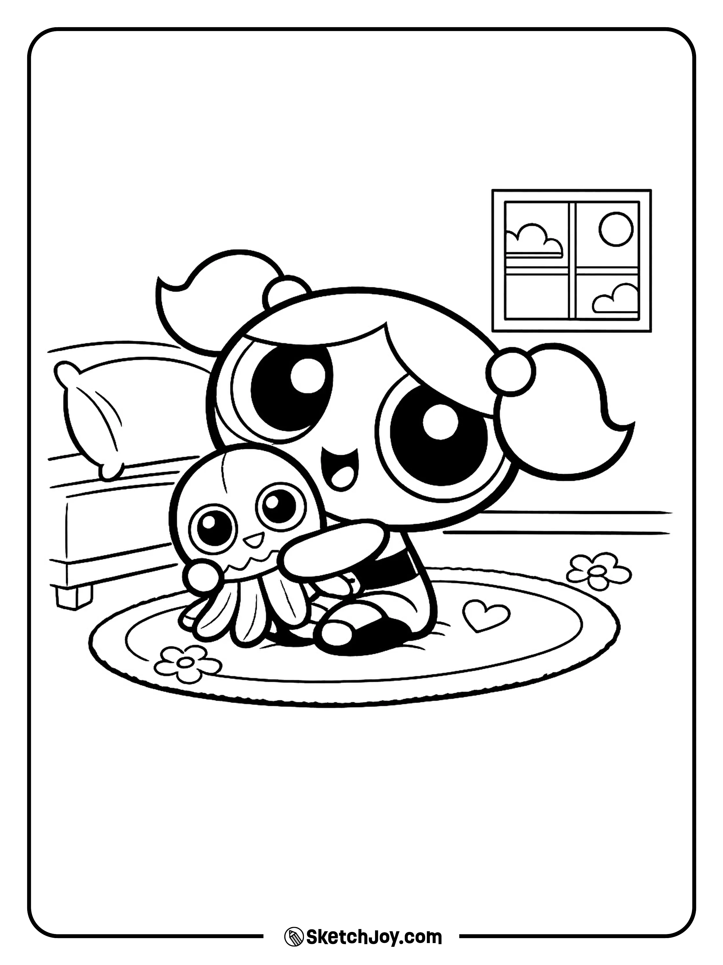 Bubbles holds Octi close with a sweet happy smile.