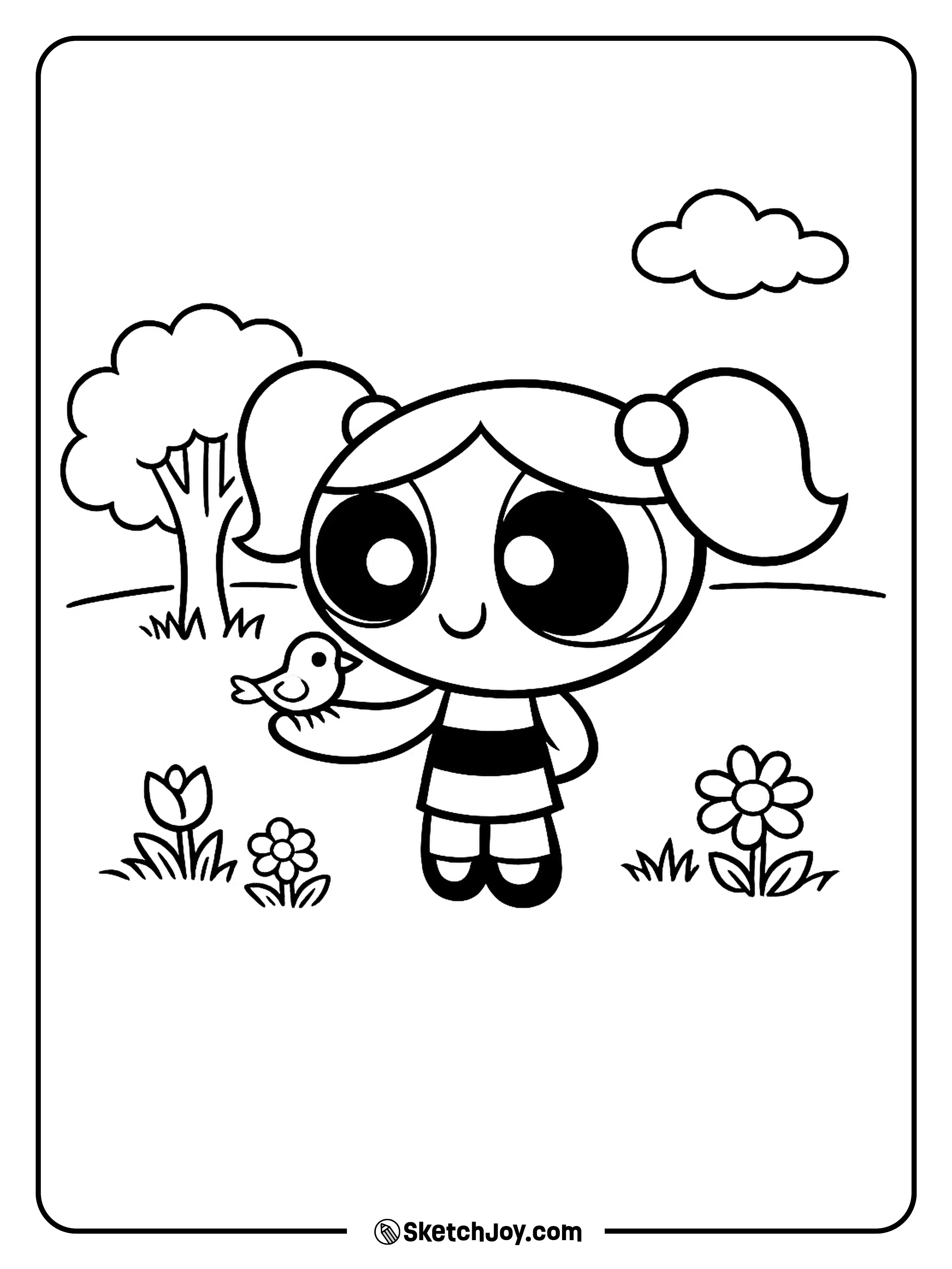 Bubbles smiles at a bird on her hand in the park.