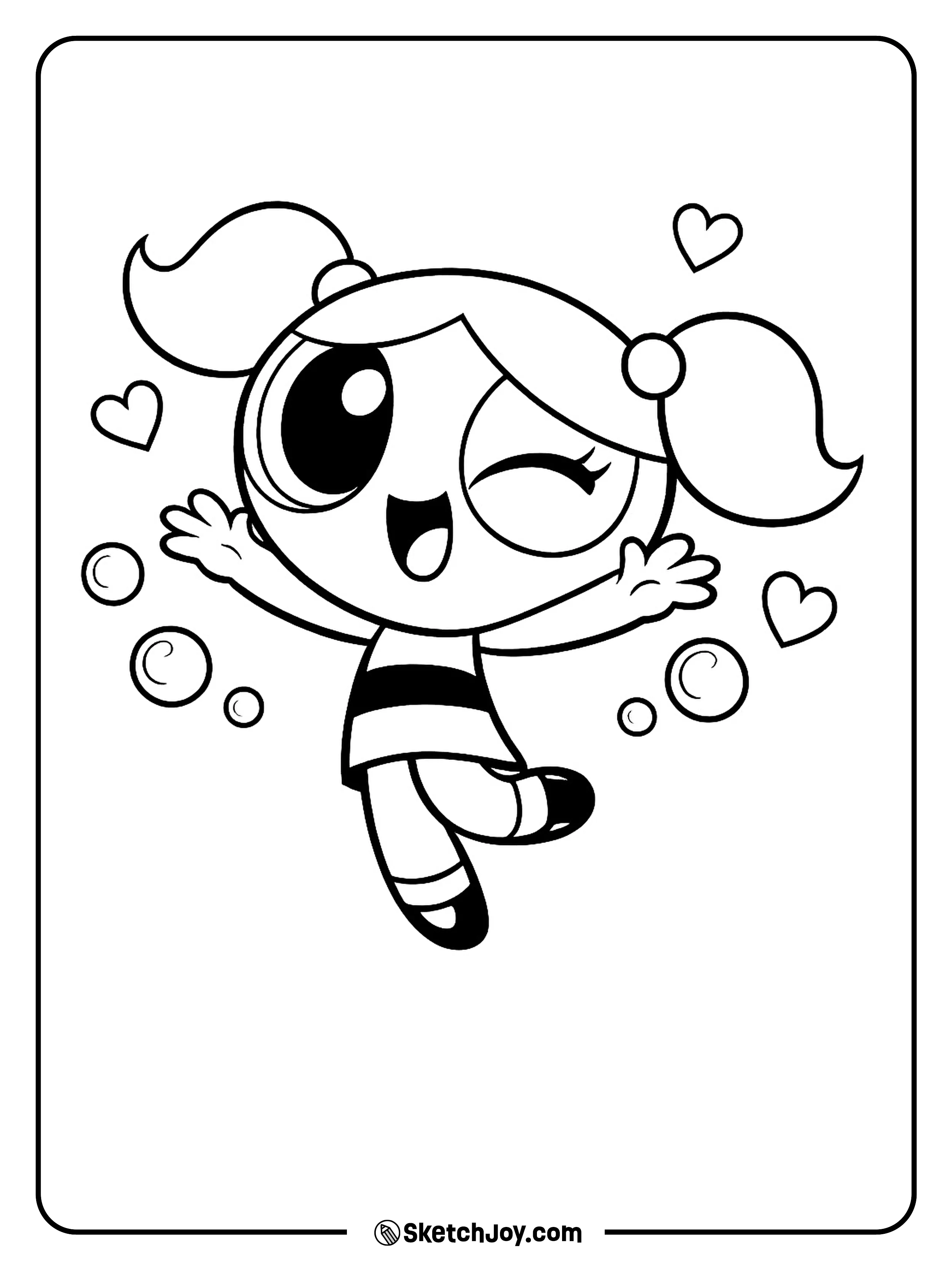 Bubbles gives a playful wink in a simple pose.