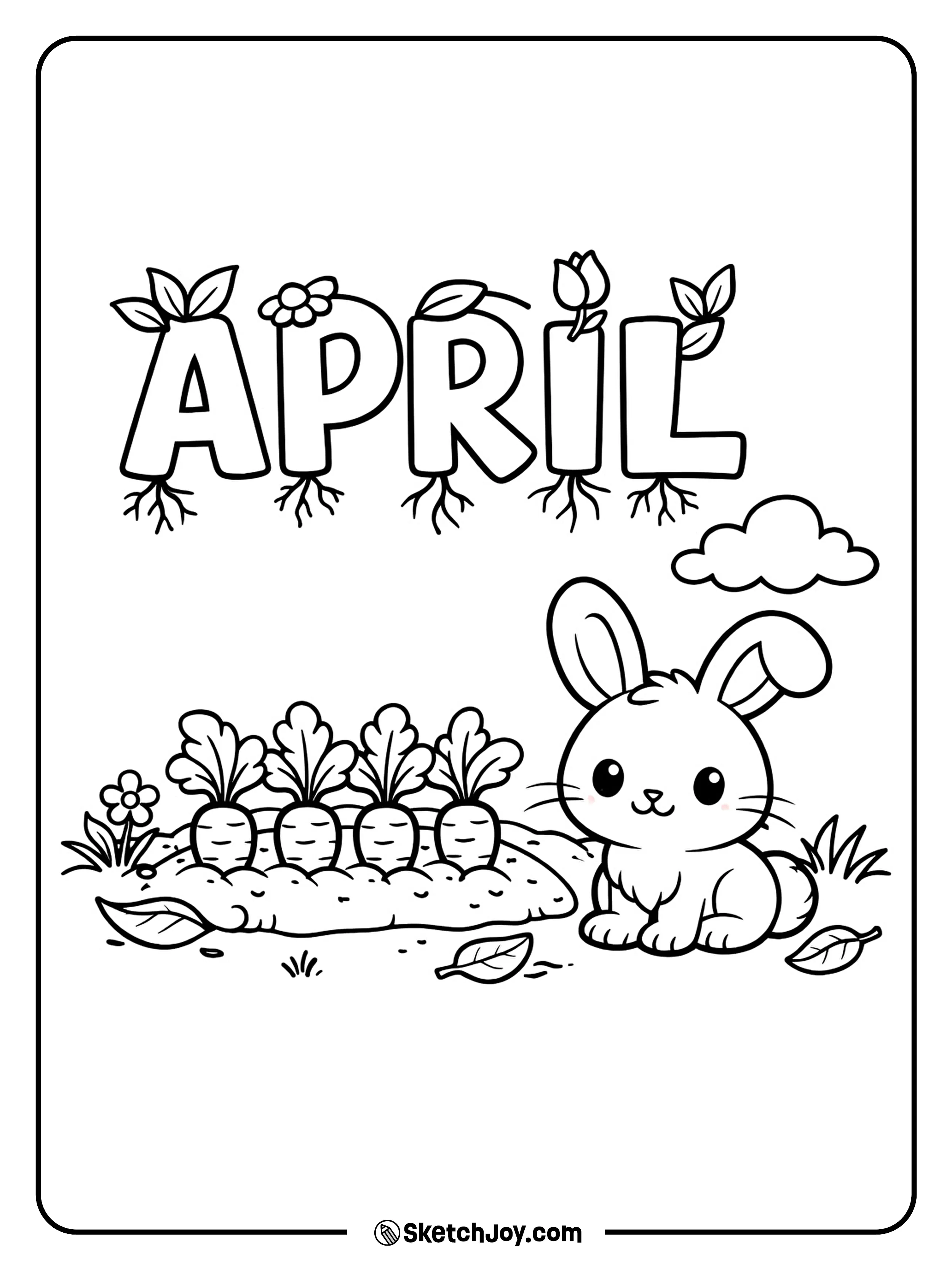 A bunny sits beside a small carrot patch in spring.