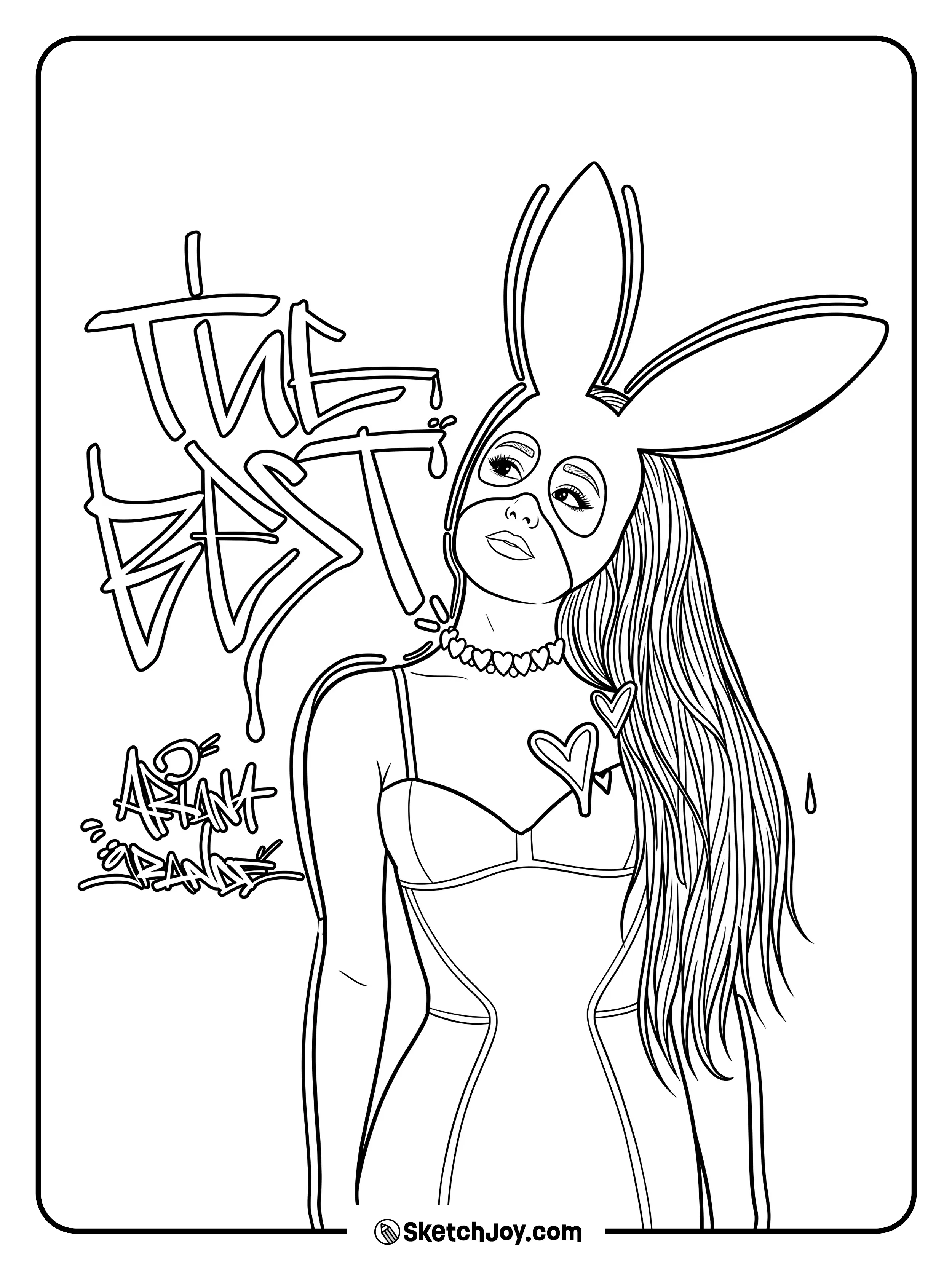 A bold fashion portrait with a bunny mask and street-style text.