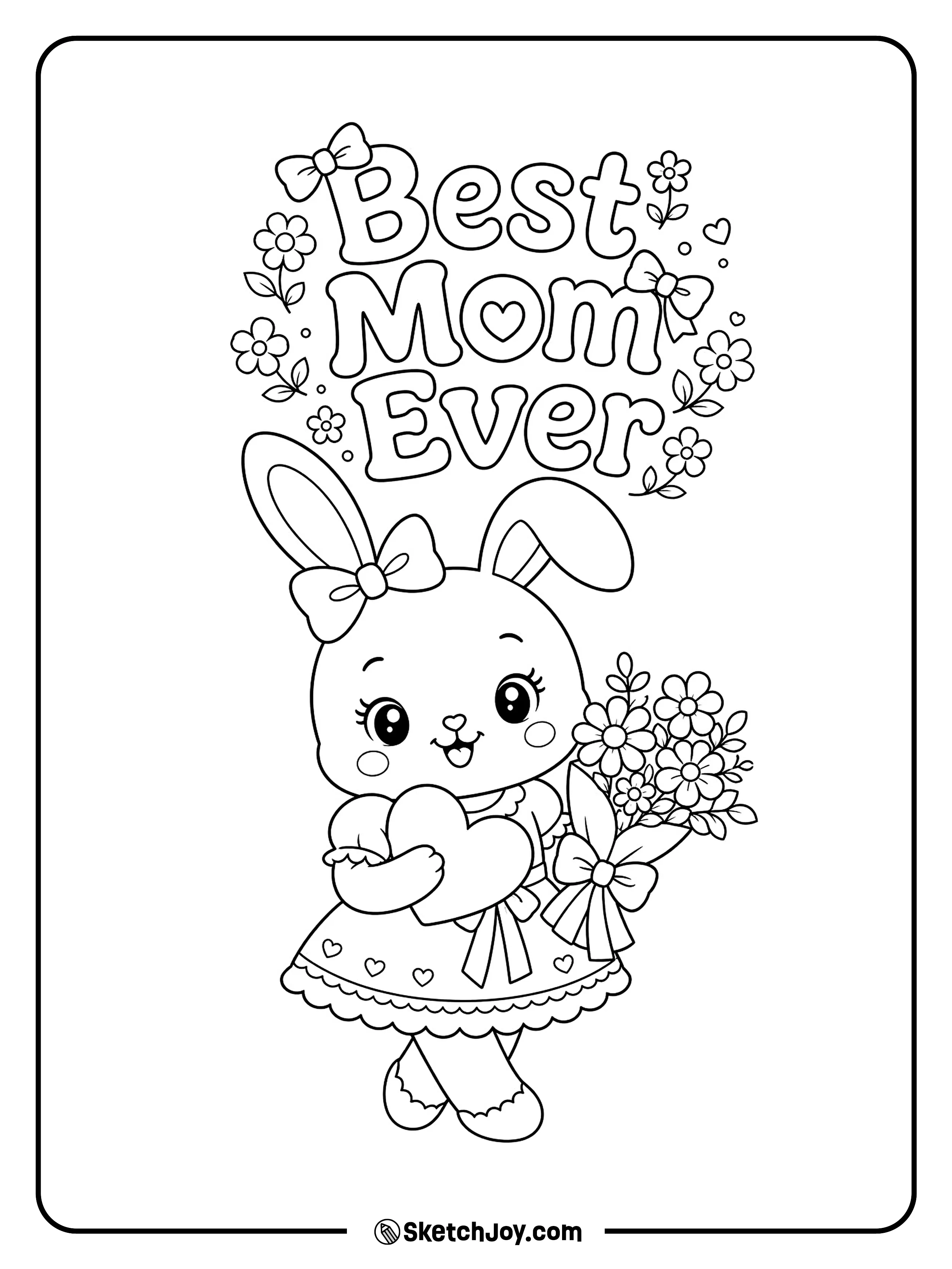 A cute bunny mom hugs a big heart with joy.