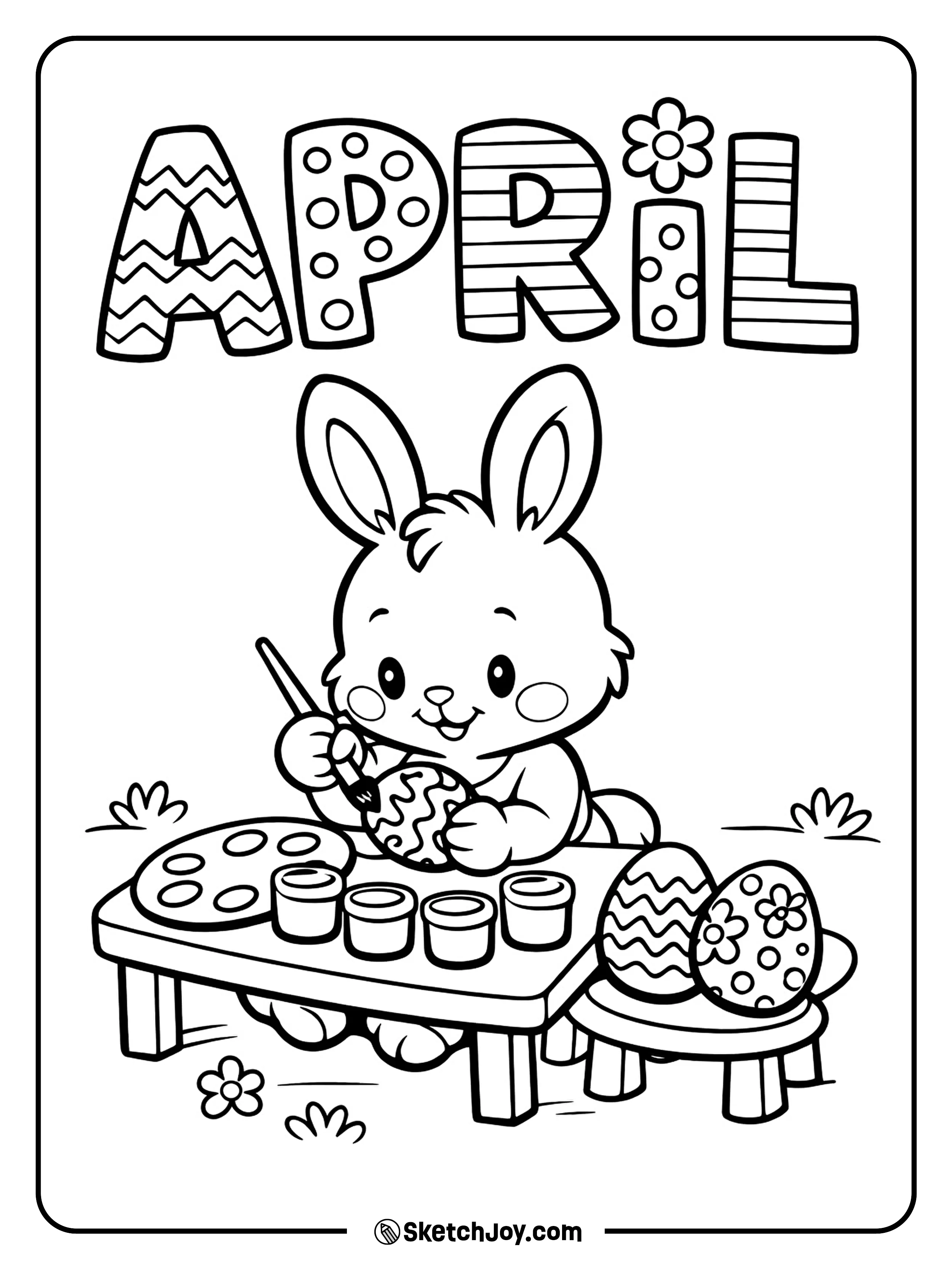 A playful bunny paints eggs at a small table.