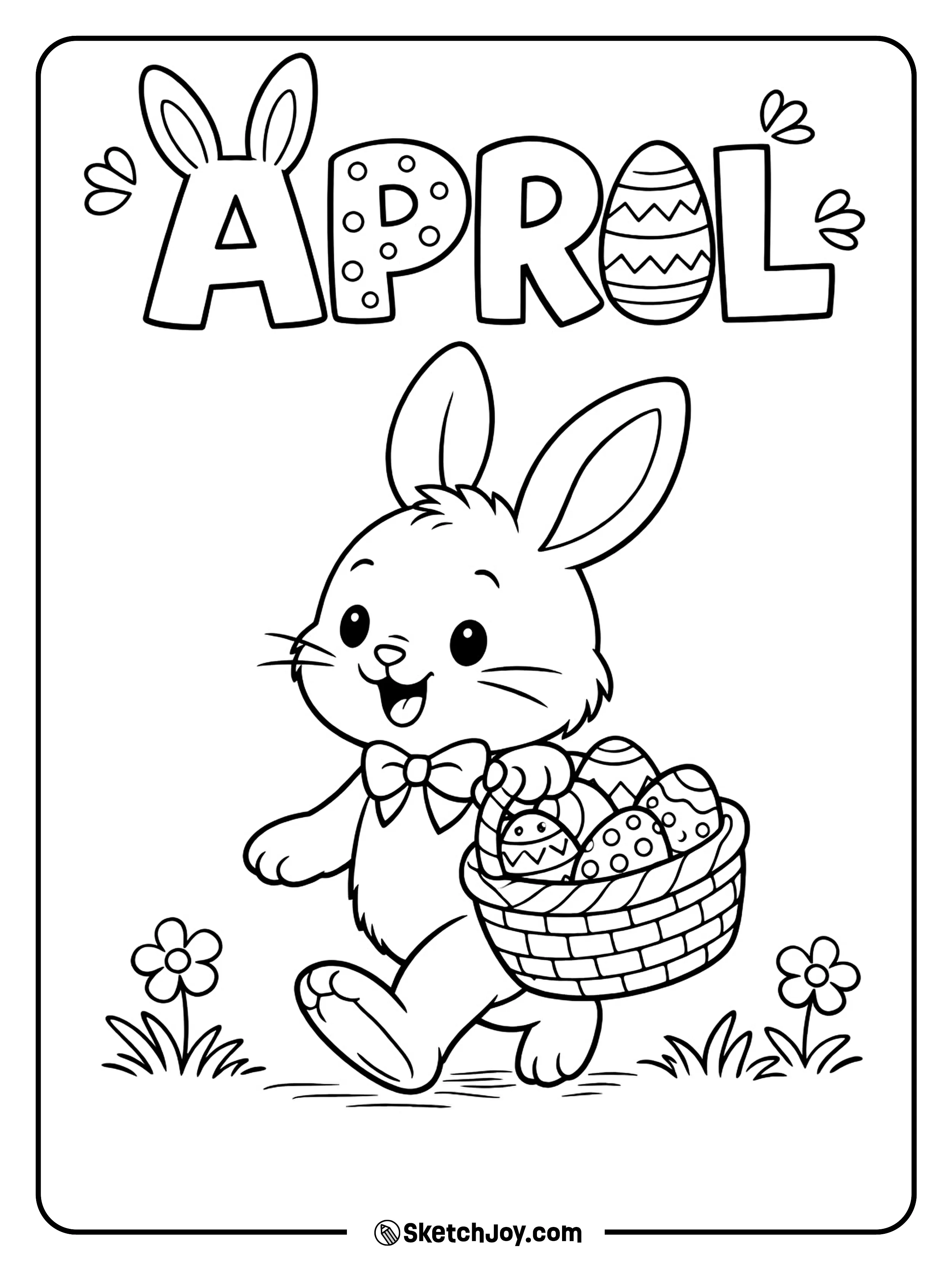 A happy bunny carries a basket of decorated eggs below APRIL.