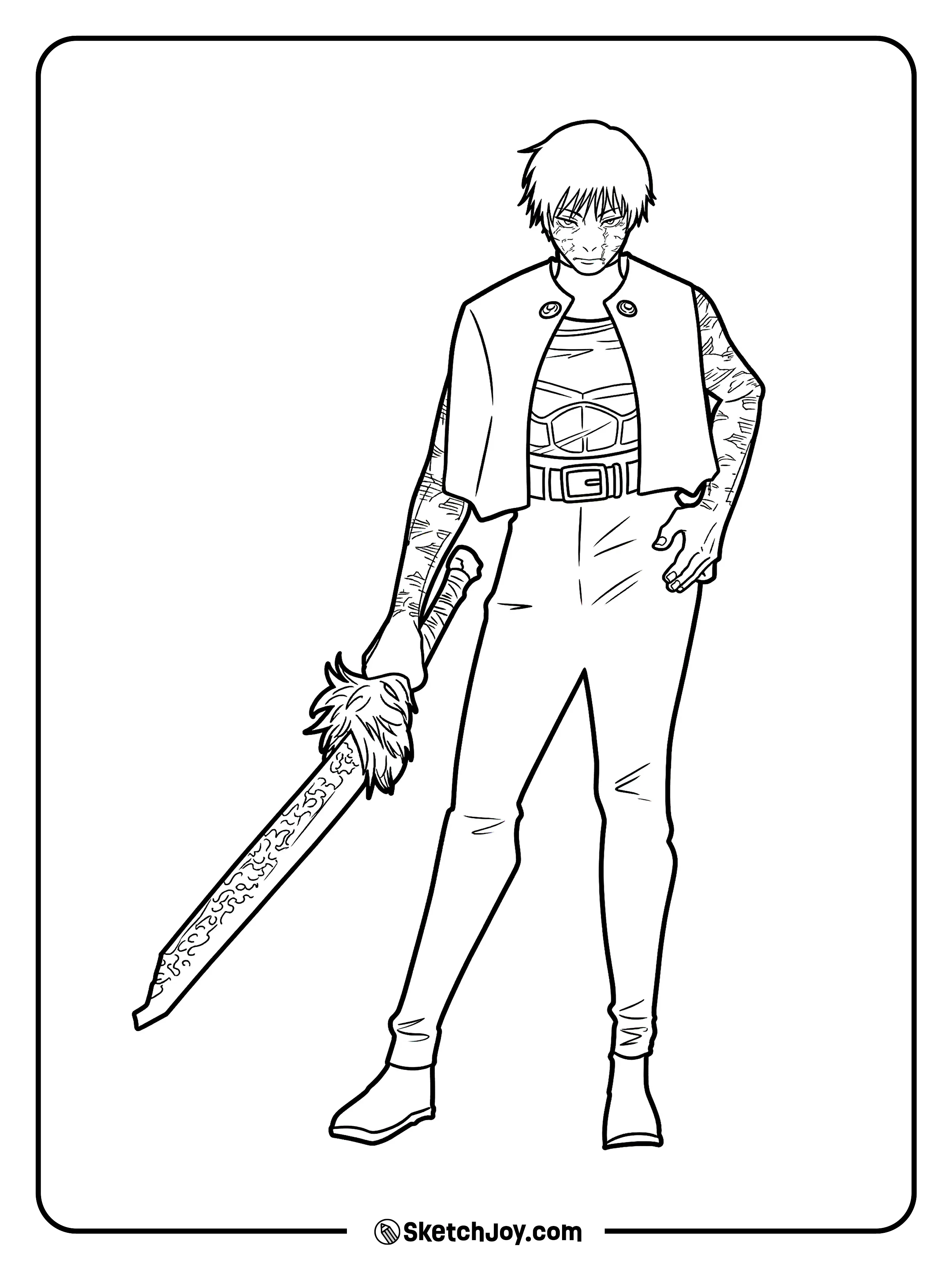 Maki stands firm with her sword and a cold, battle-ready look.