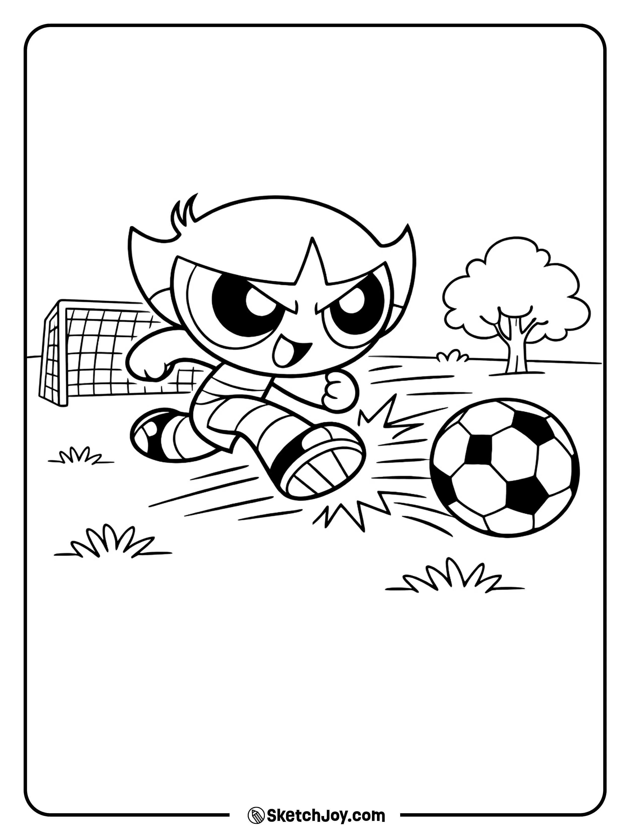 Buttercup kicks a soccer ball with full power at the park.