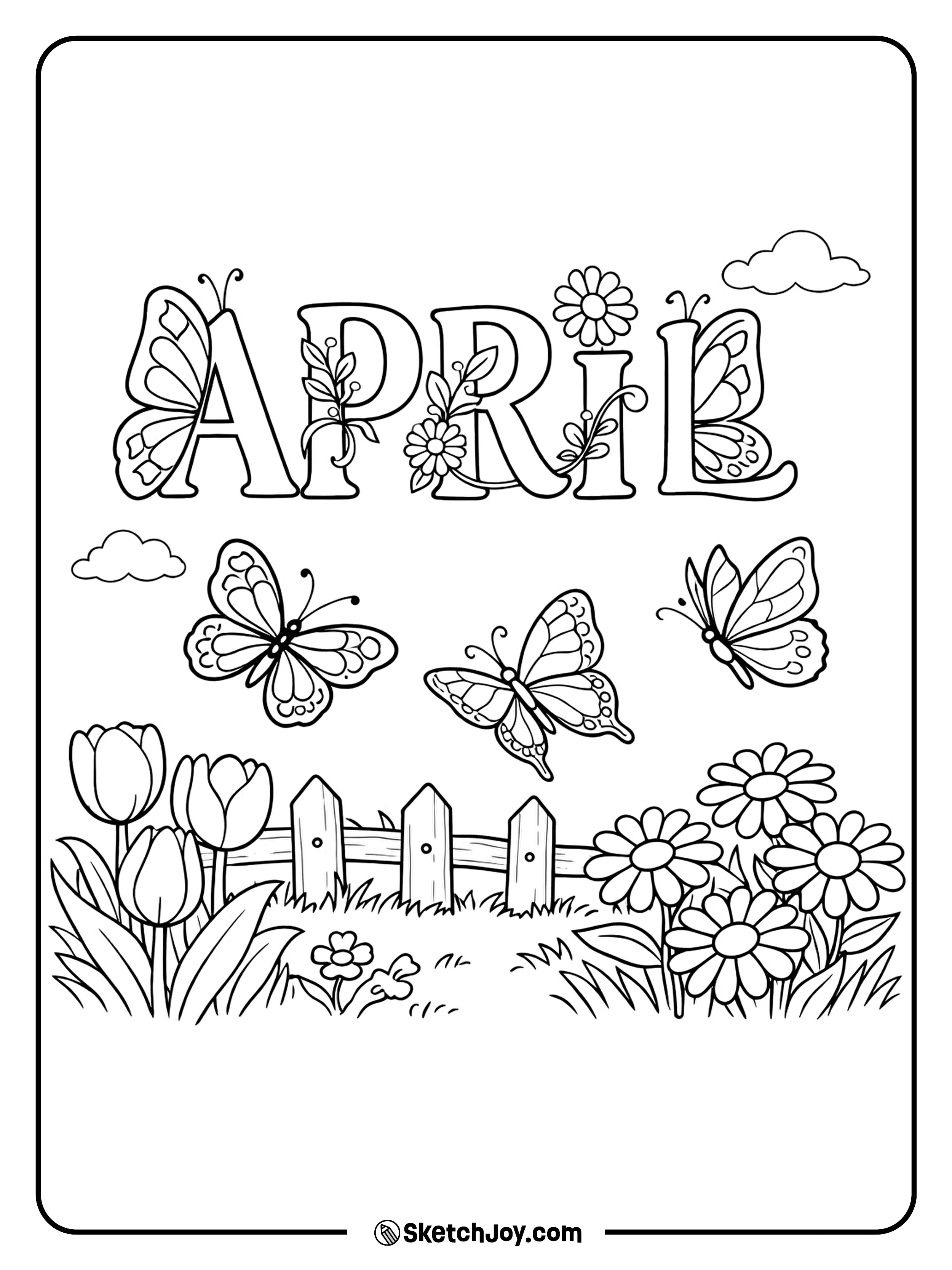 Butterflies flutter above a simple garden full of blooms.