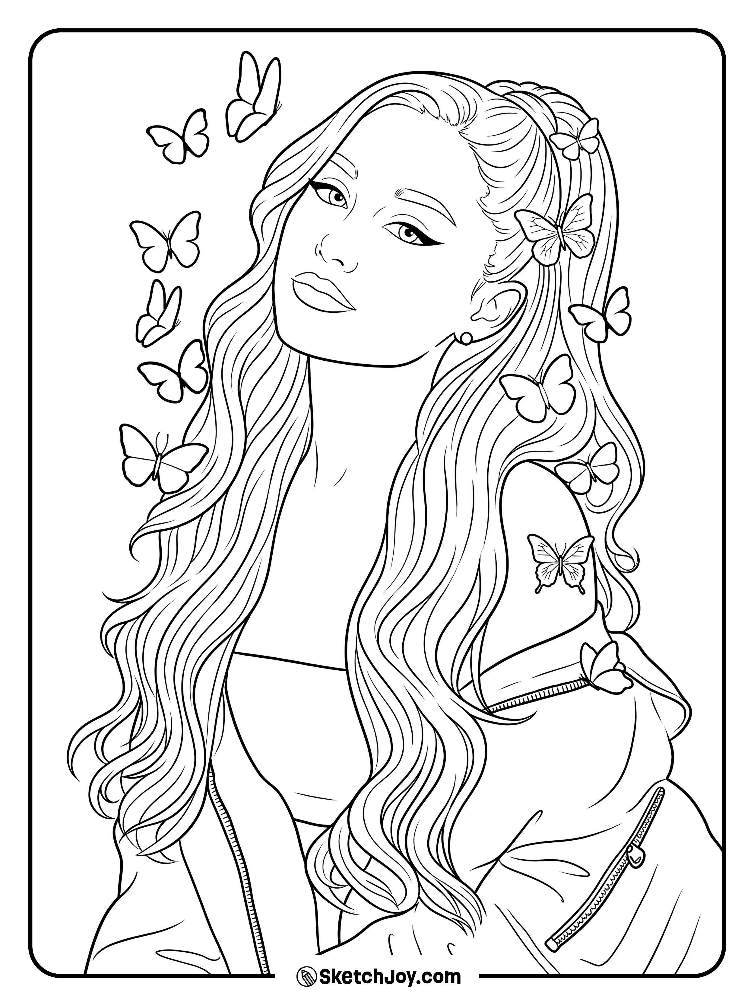 A soft portrait with long wavy hair and butterflies all around.