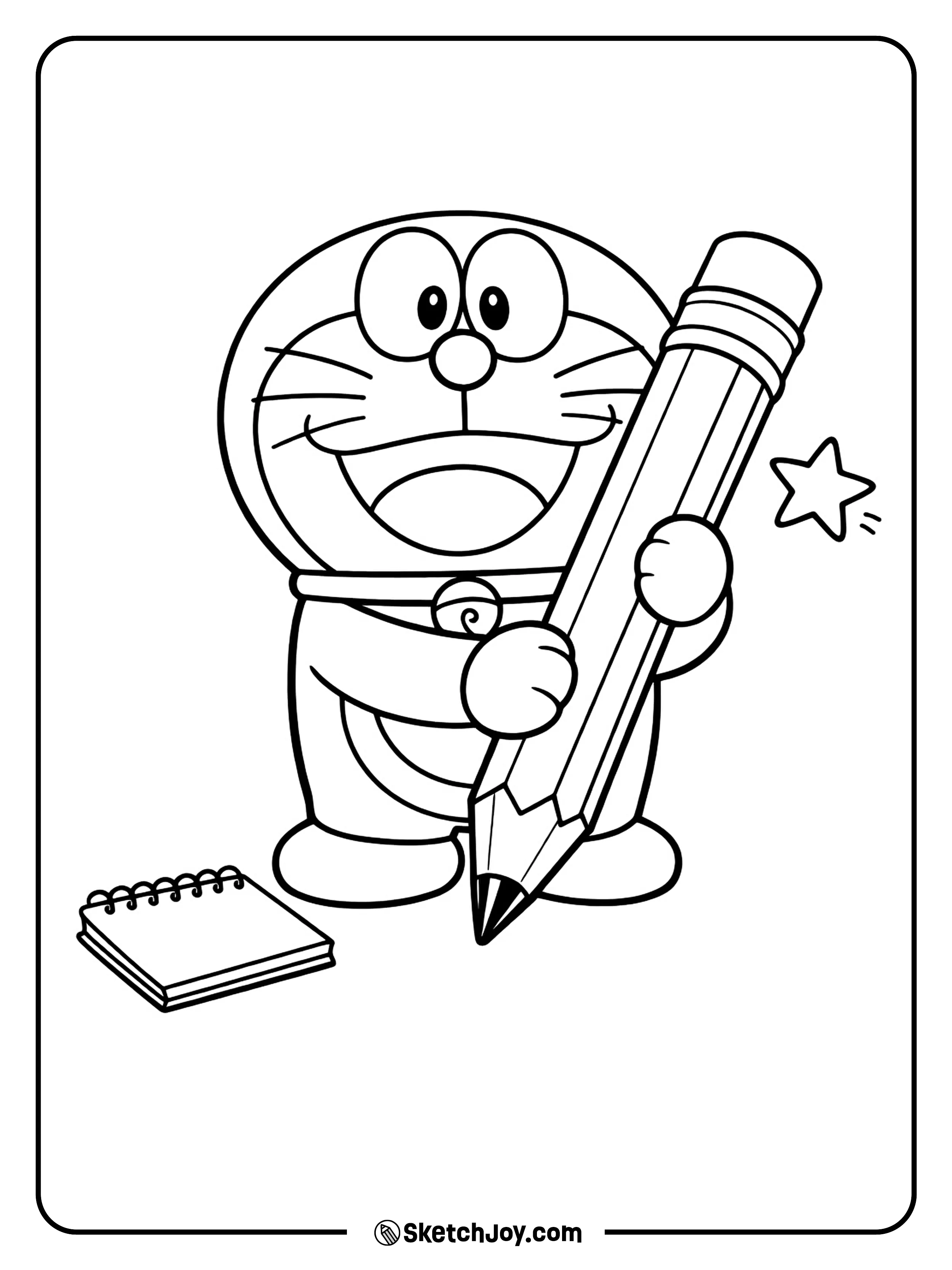Doraemon holds a huge pencil like he is ready to draw.