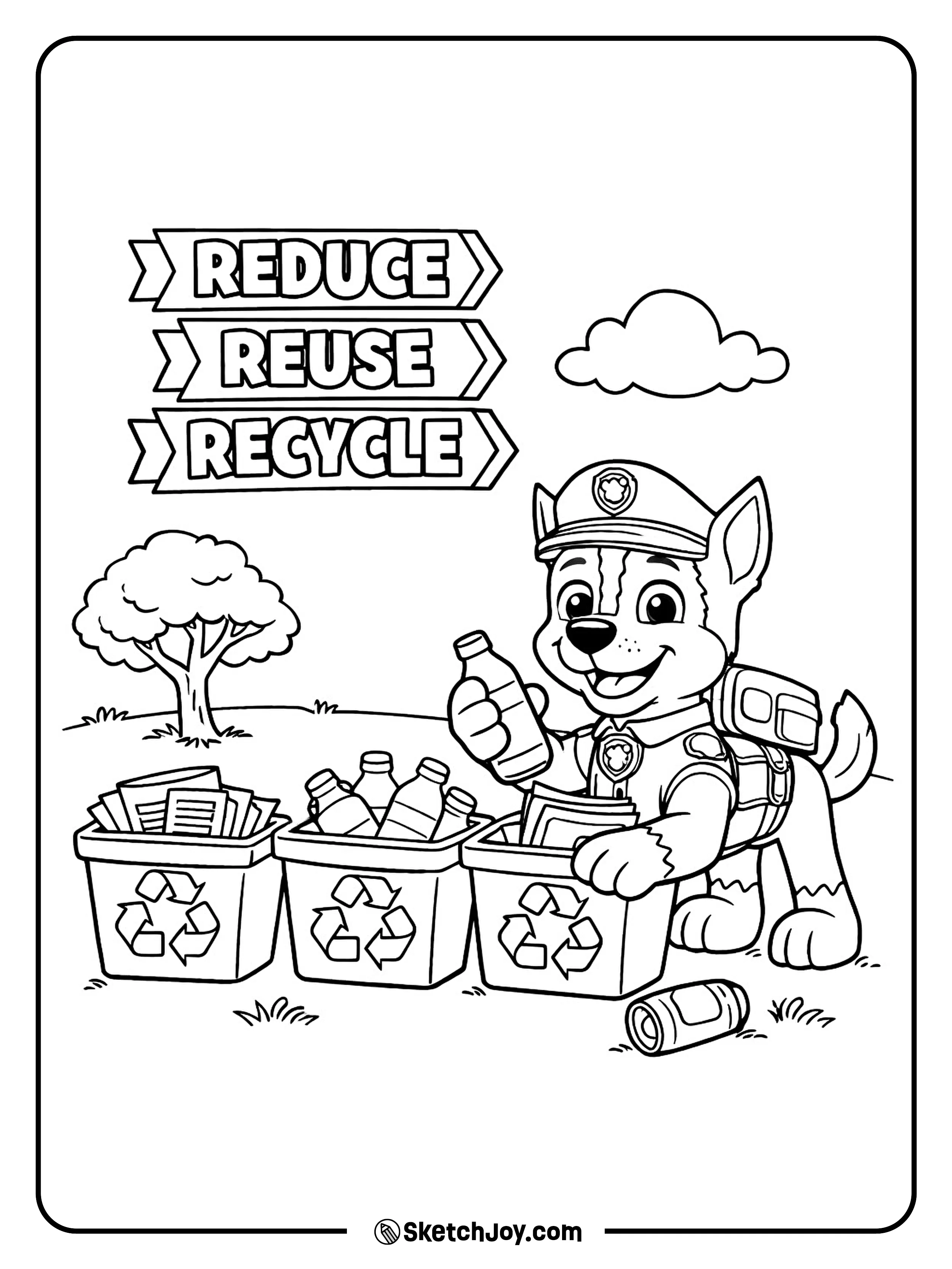 Chase sorts bottles and paper into recycling bins.