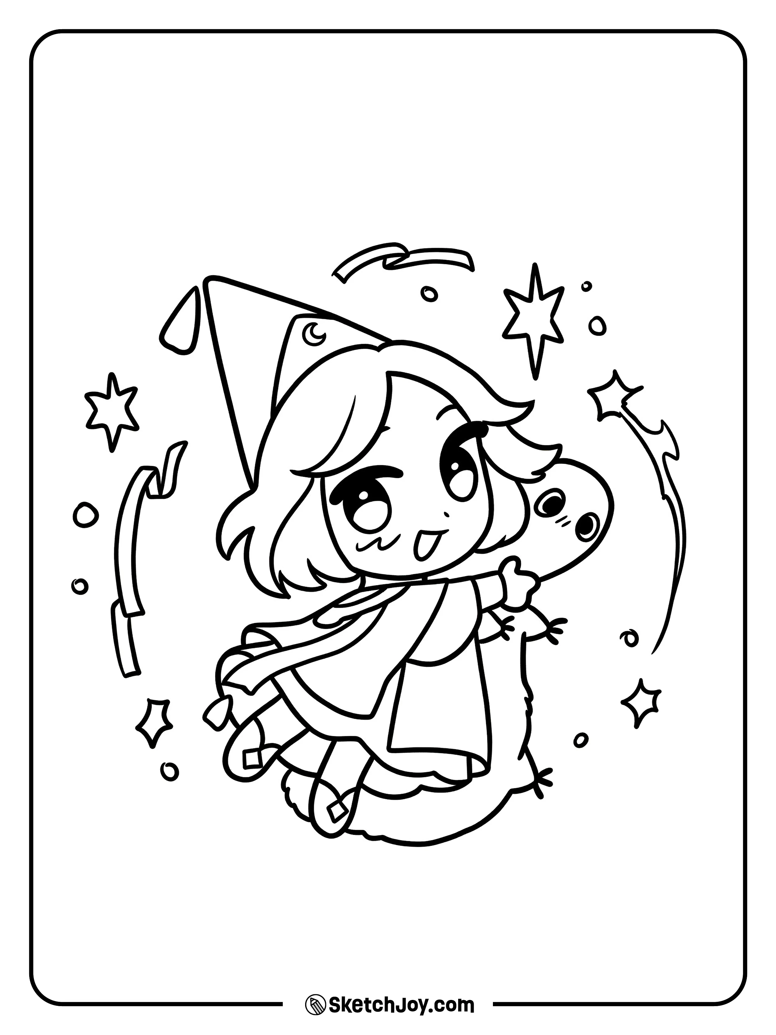 Coco hugs a cute little creature while stars and swirly magic float around her.