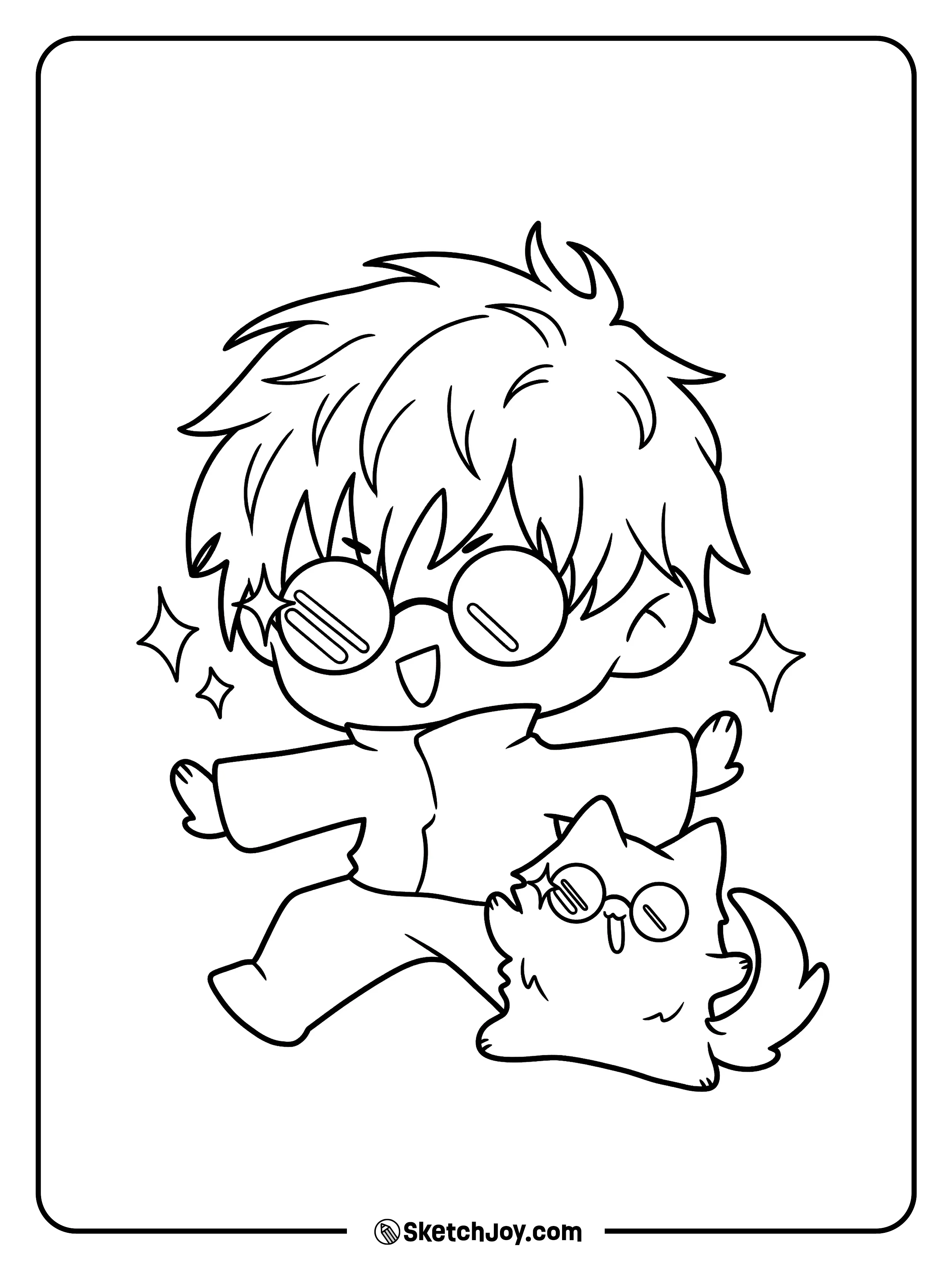 A cute chibi Gojo stands beside a tiny cat in matching glasses.