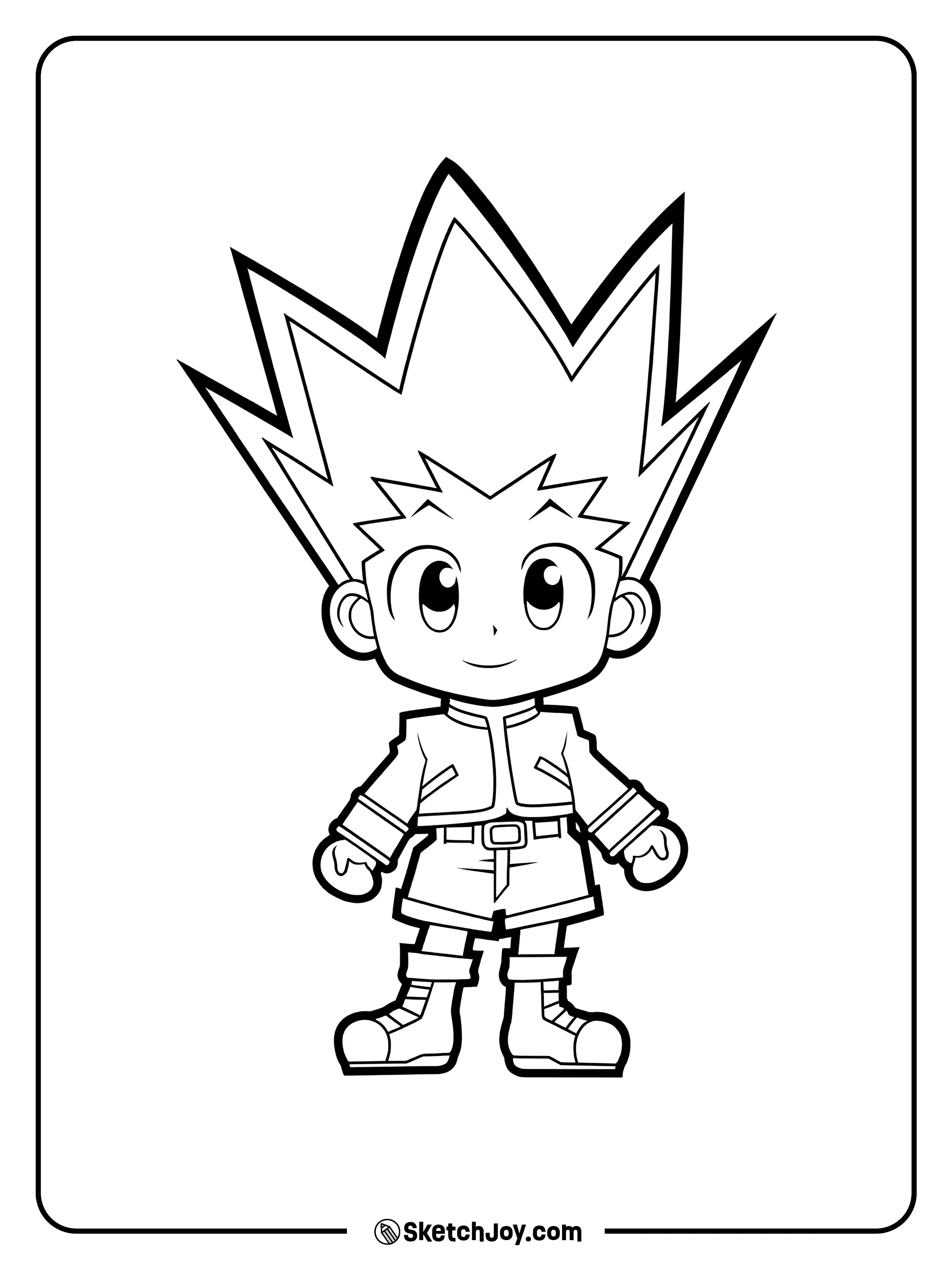 A cute chibi Gon Freecss standing with a calm smile in his classic outfit.