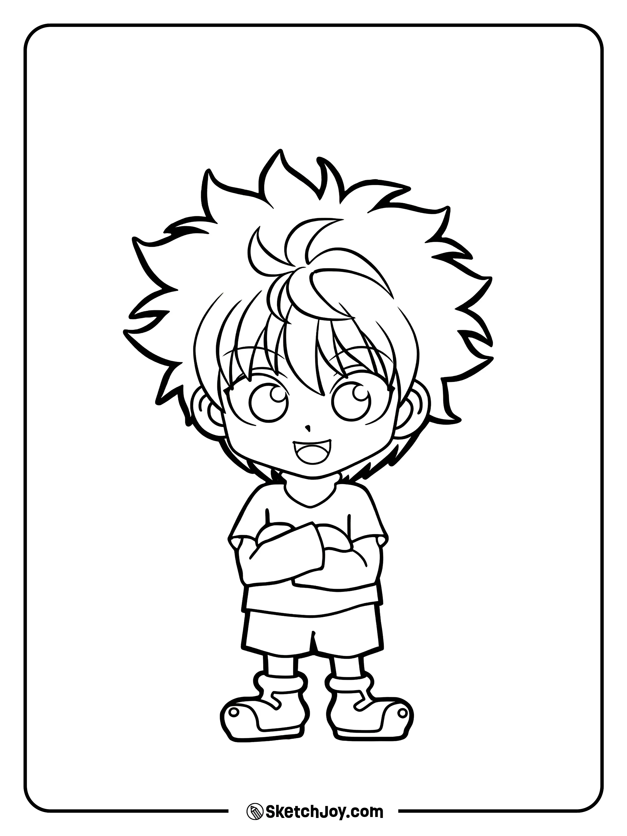 A cute chibi Killua Zoldyck with a big smile and his arms crossed.