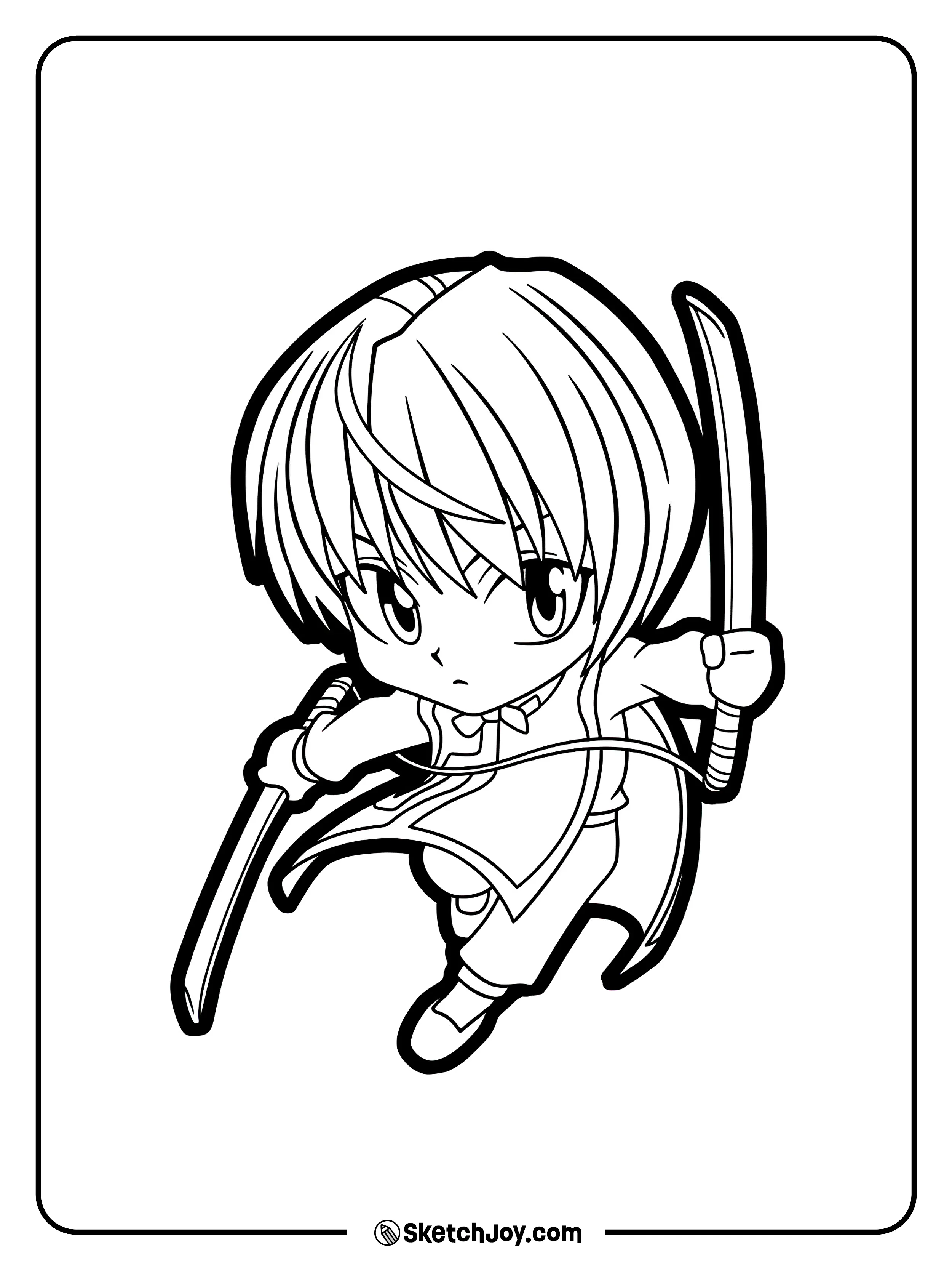 A cute chibi-style Kurapika in a fast action pose with two blades in hand.